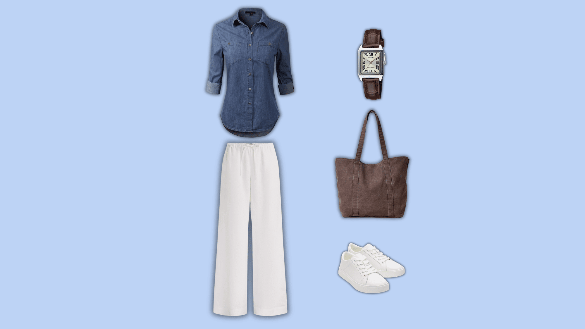 white linen pants with denim shirt and sneakers