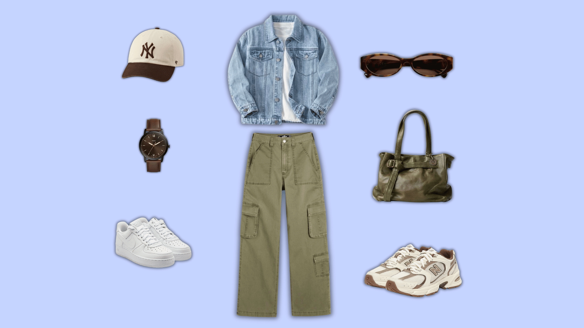 denim shirt olive cargo pants with casual weekend accessories