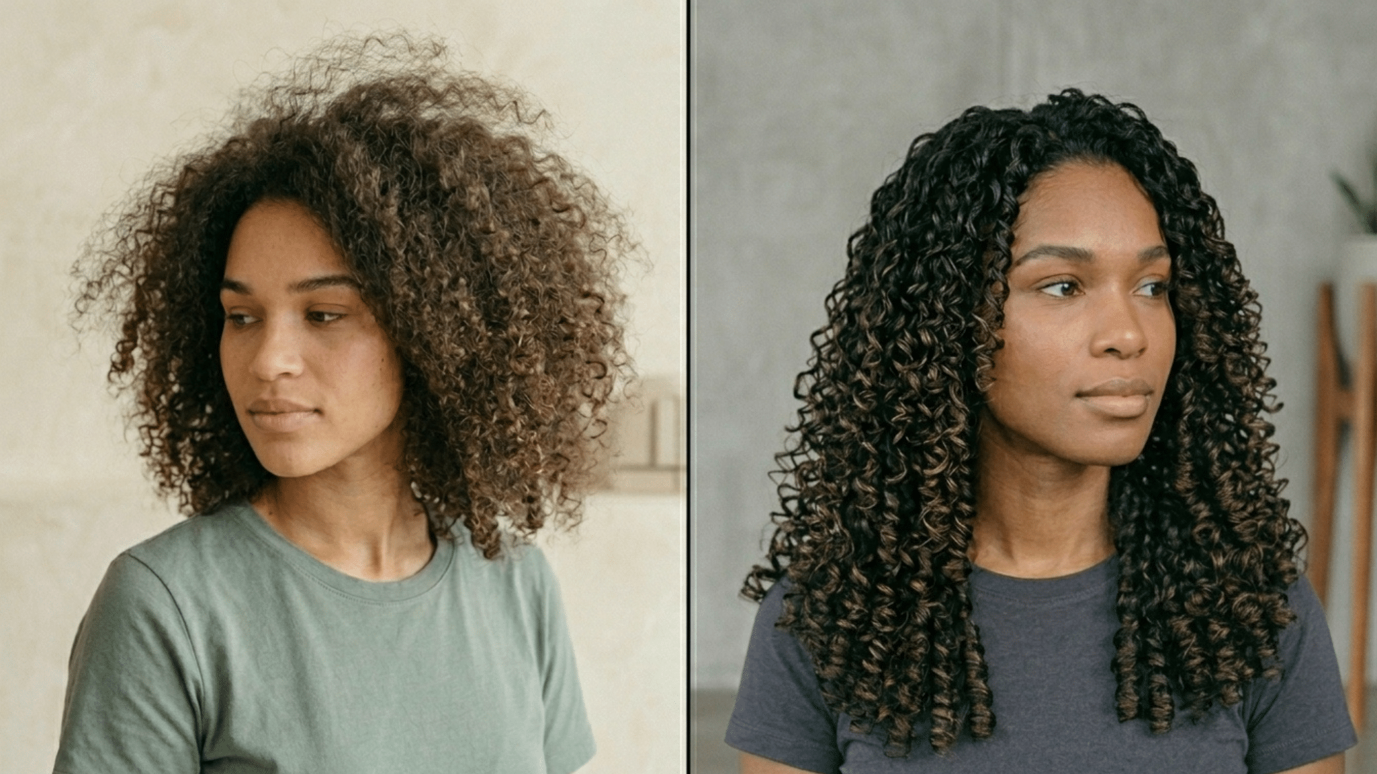 split screen curly hair comparison showing frizzy dry curls on left and shiny defined healthy wet styled curls on right