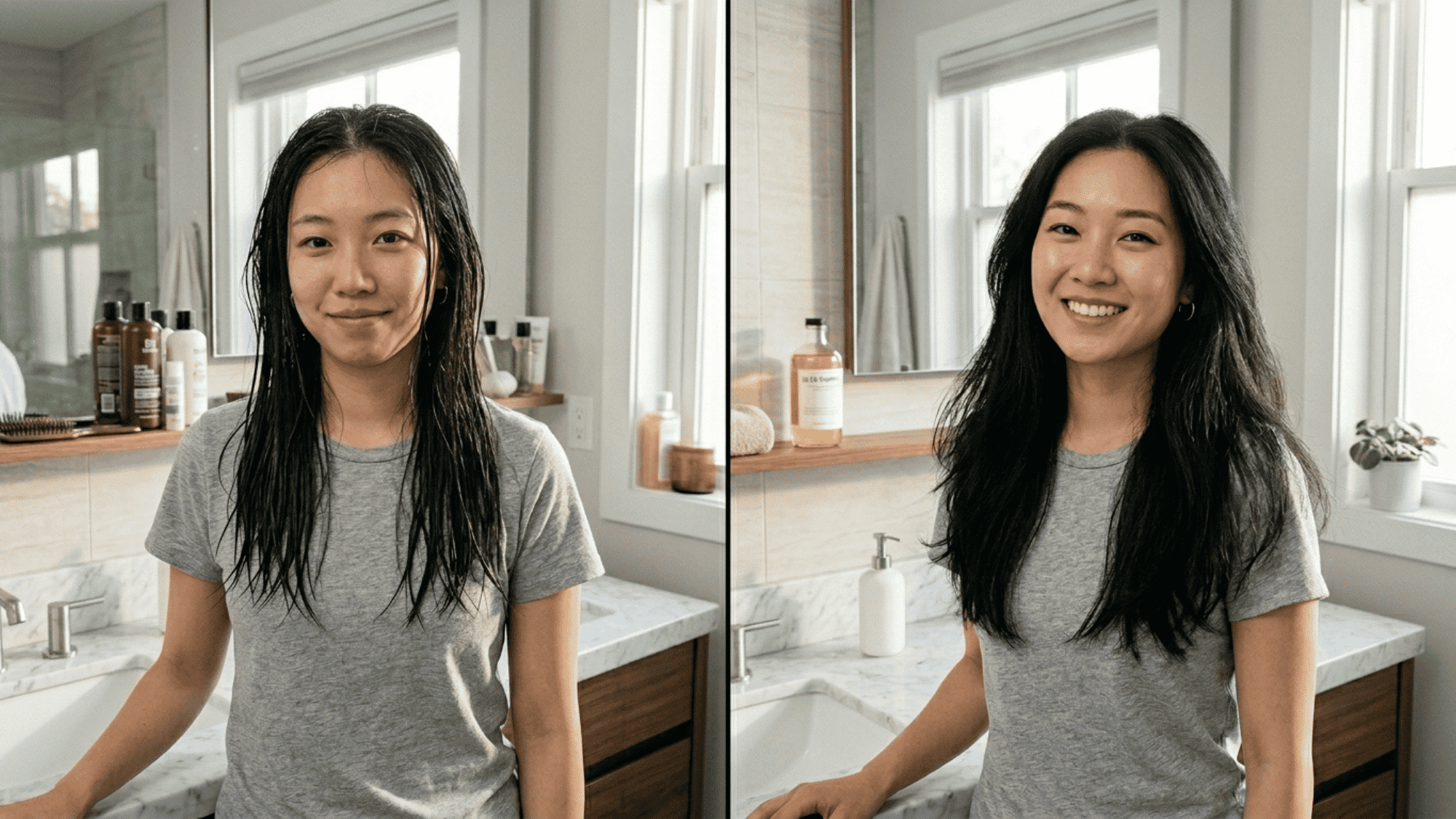 fine hair before and after shampoo showing cleaner roots and soft natural volume on a simple bright background