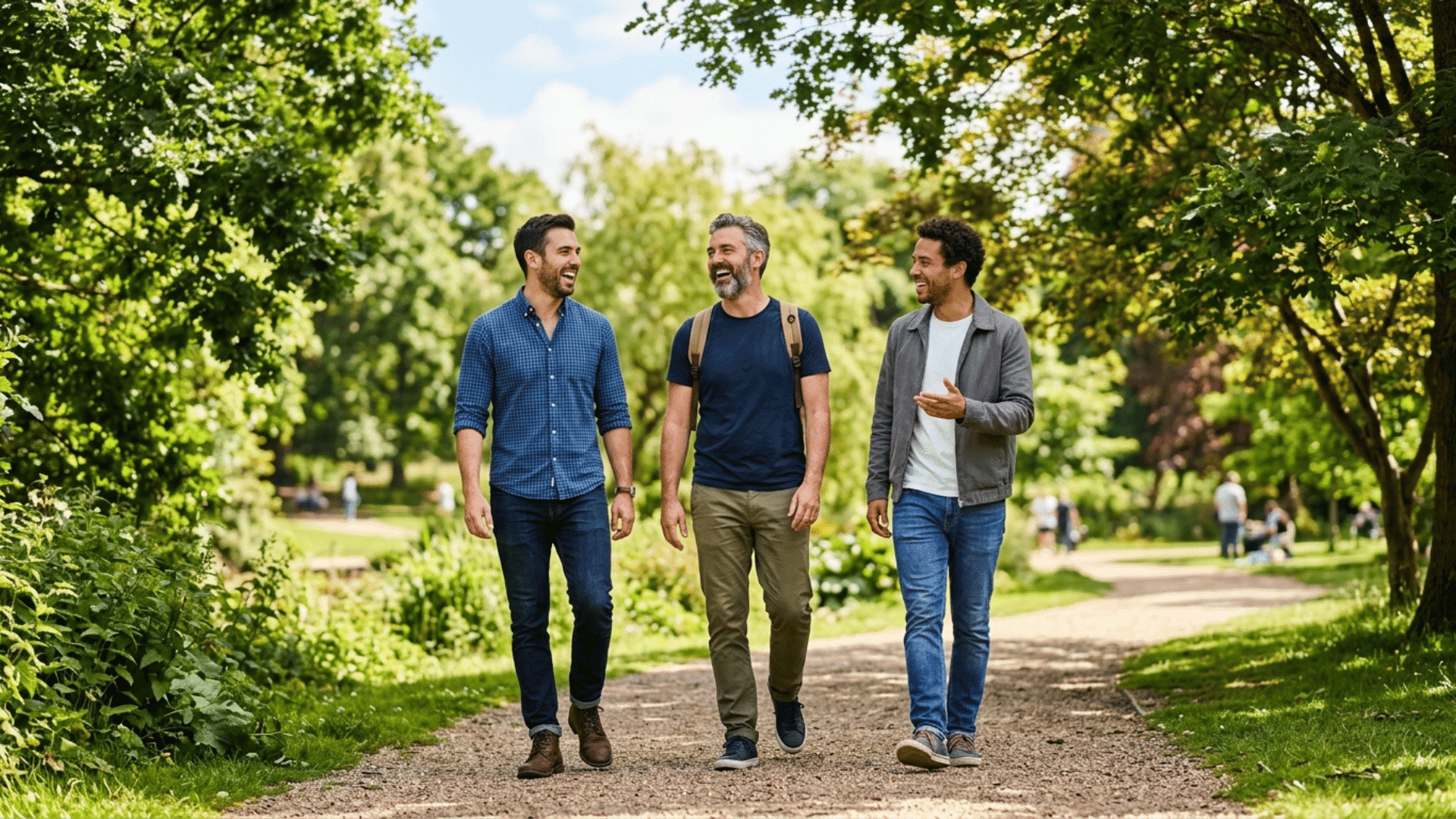 group of friends enjoying a relaxing walk in the park