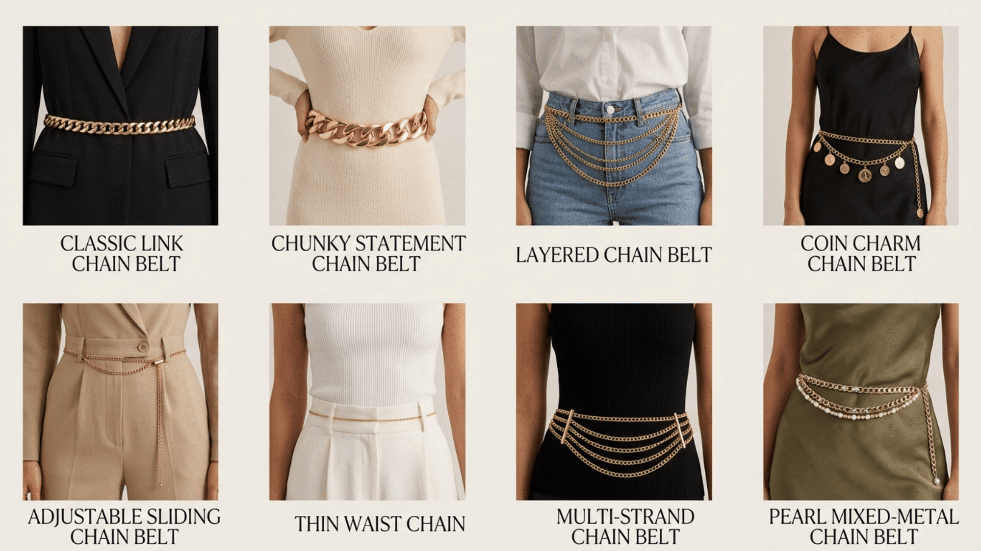 gold chain belts types fashion guide styled neutral outfits clean editorial layout