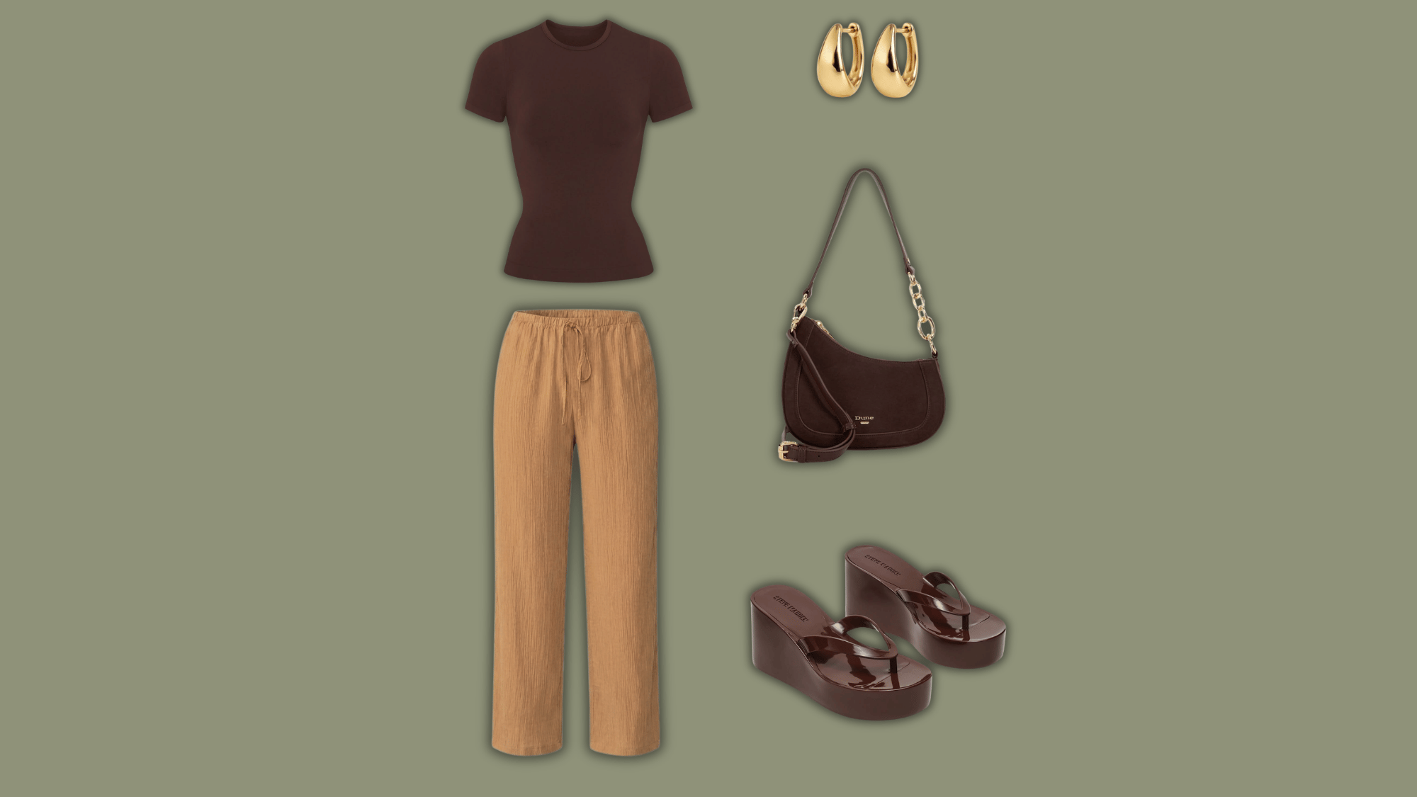 mustard linen pants with brown top and matching sandals