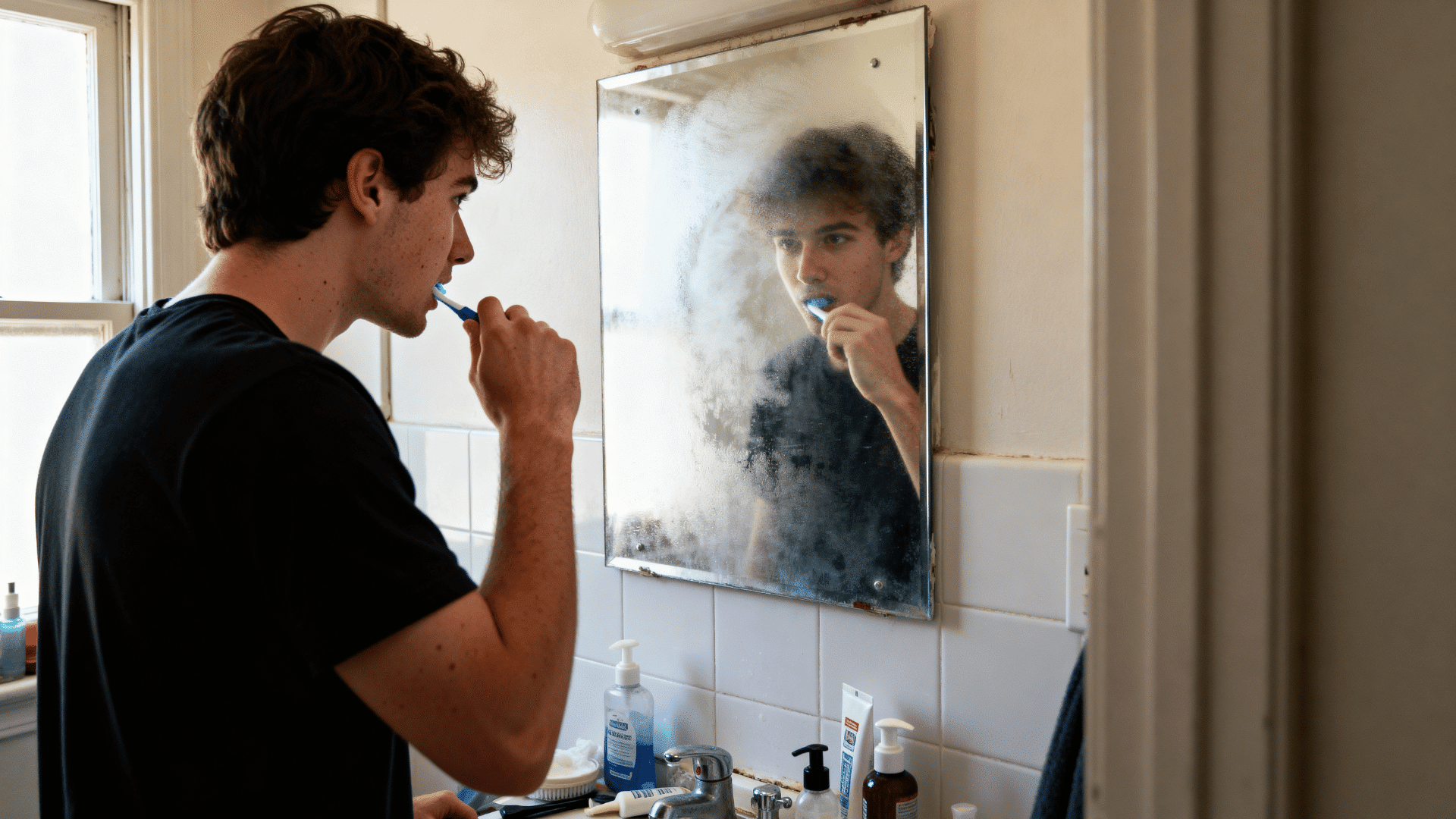 man brushing his teeth in a bathroom as part of a morning self-care and hygiene routine