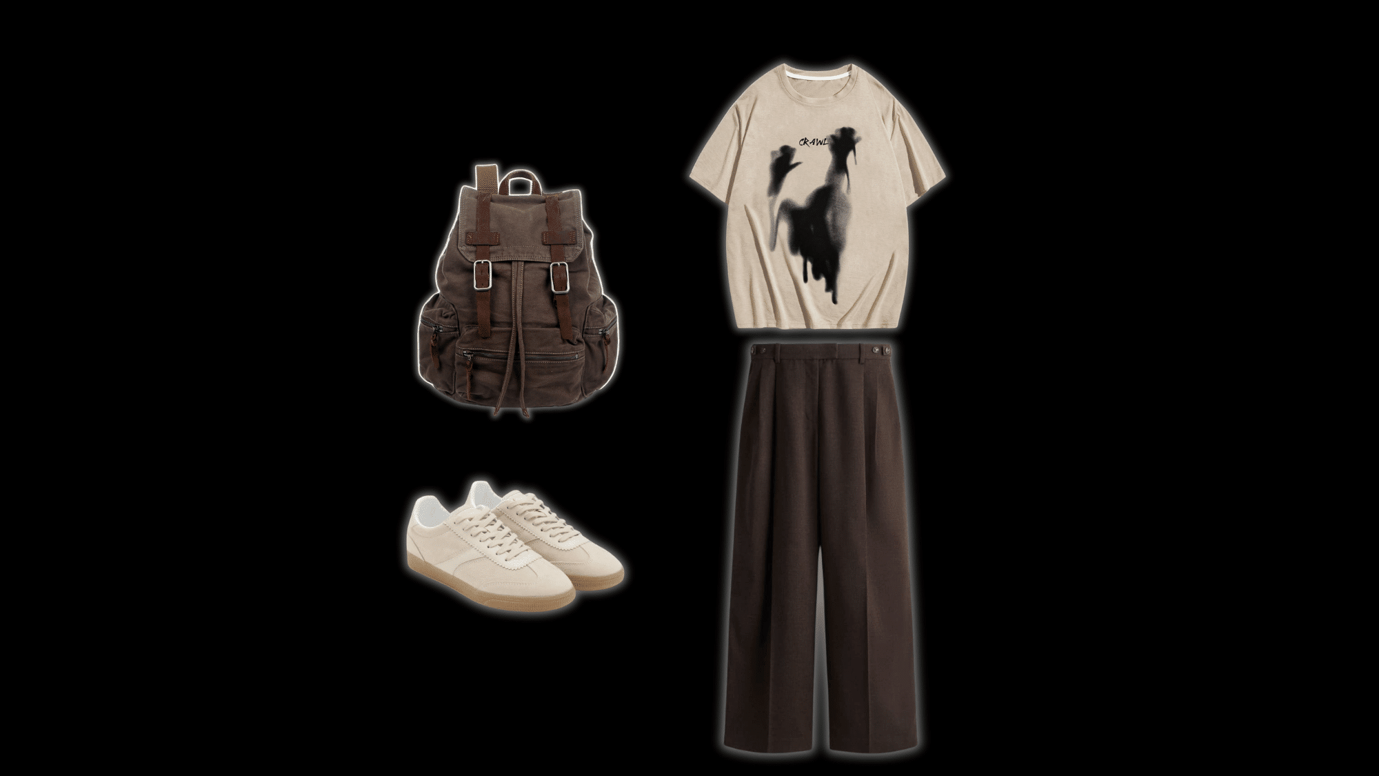 graphic t-shirt with relaxed brown pants and slip-on sneakers