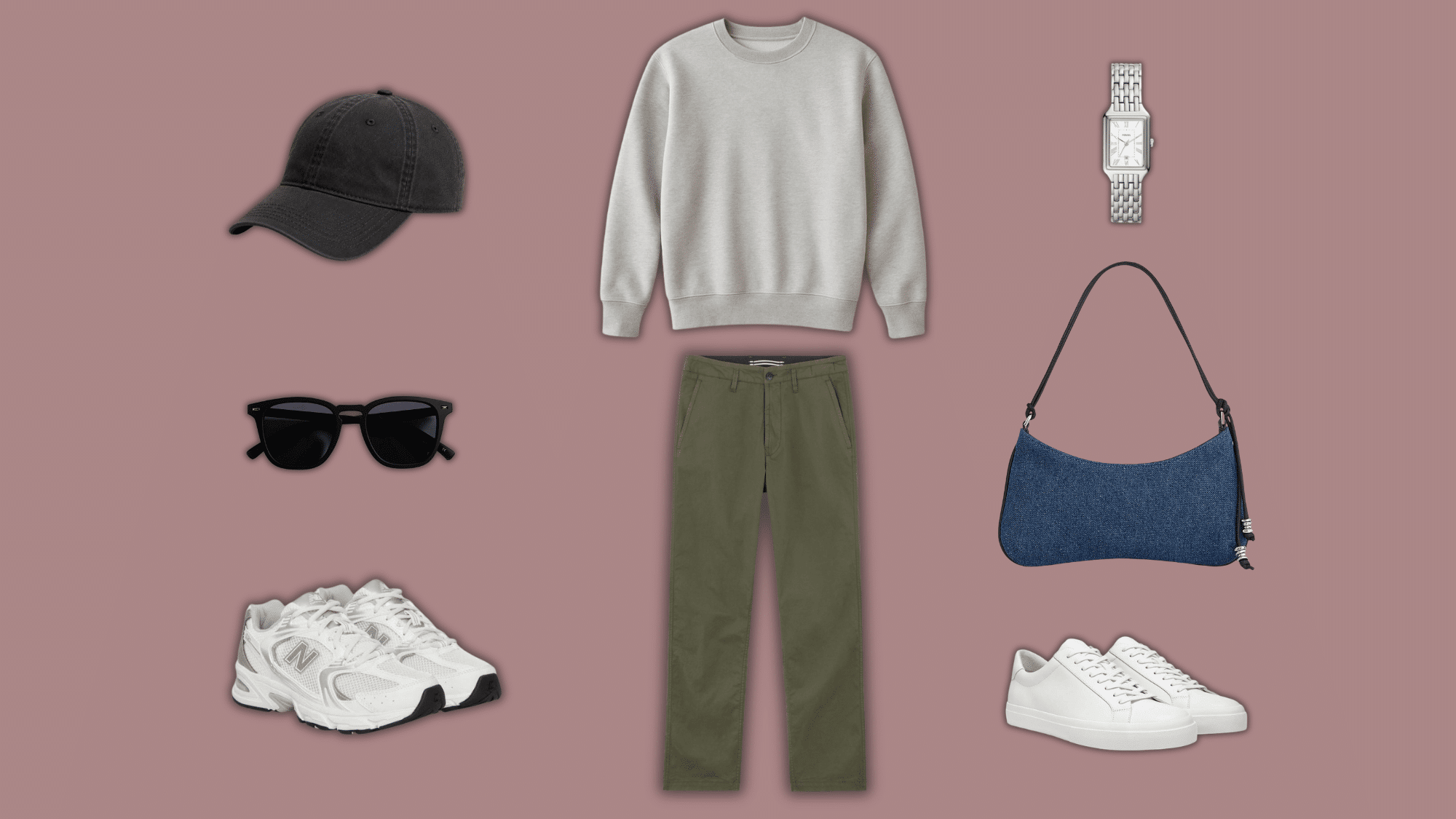 gray sweatshirt olive pants with denim and white accessories