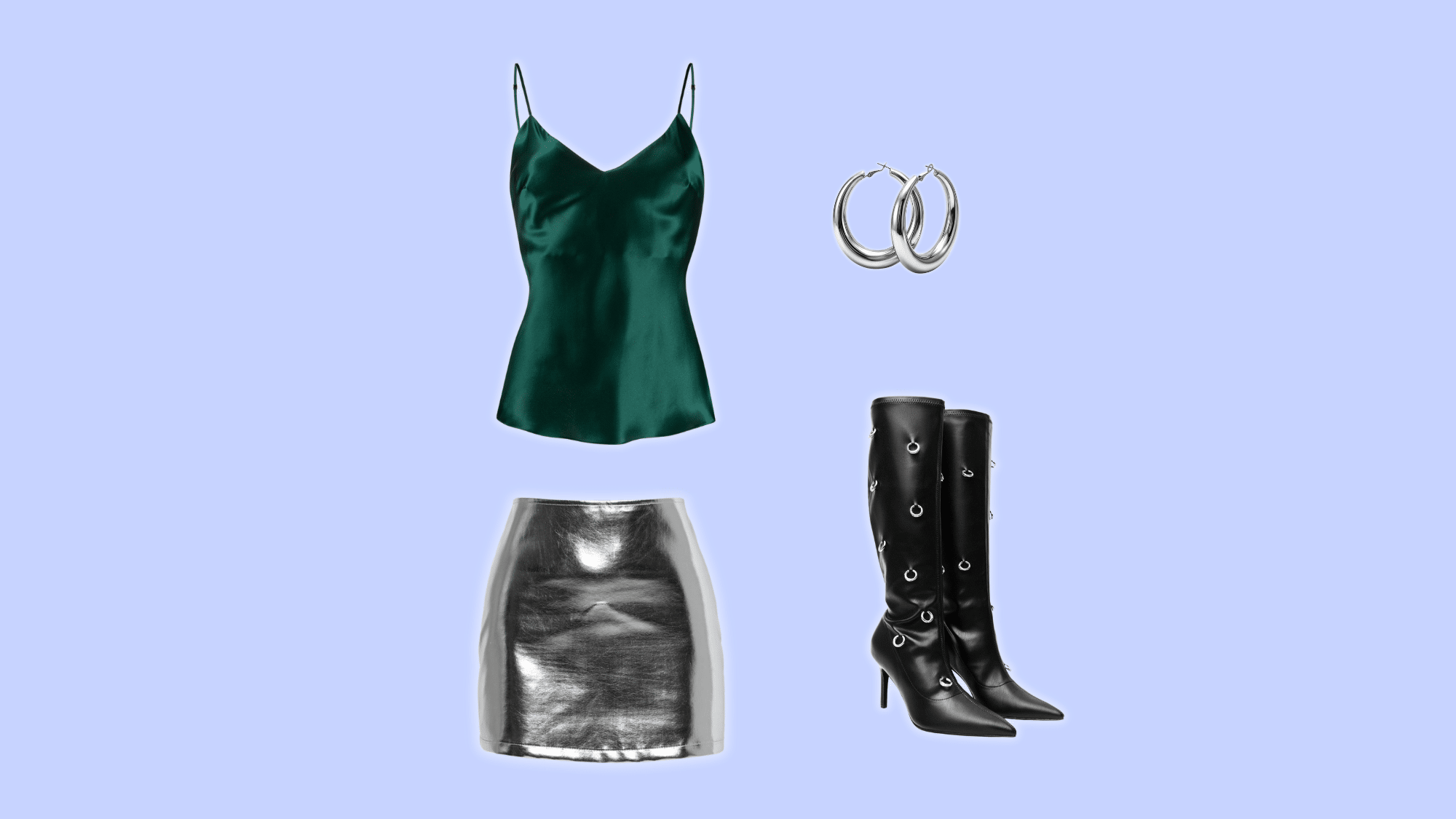 green satin cami with metallic skirt and boots