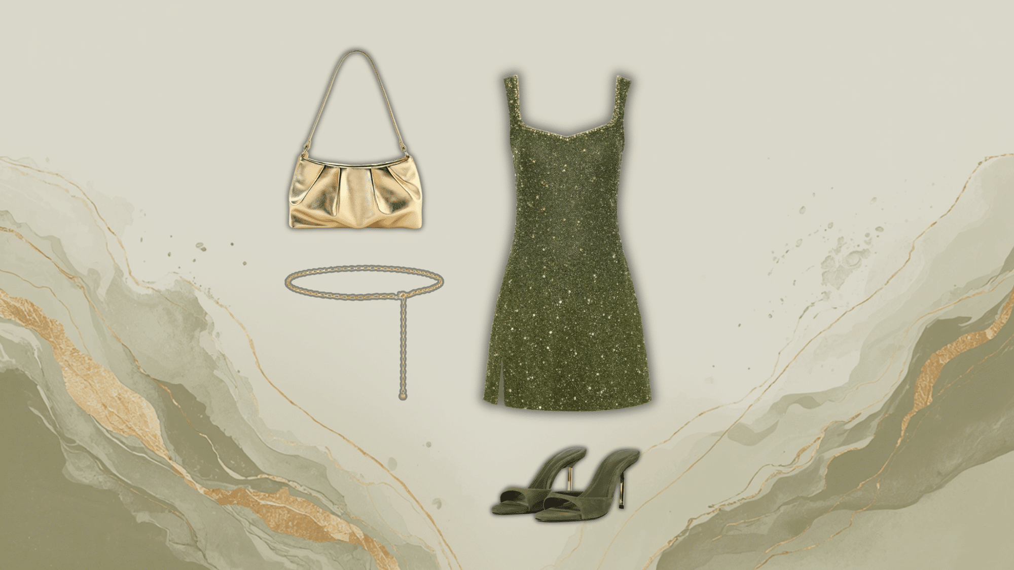 green shimmer dress with gold chain belt styled in elegant party wear fashion aesthetic editorial look