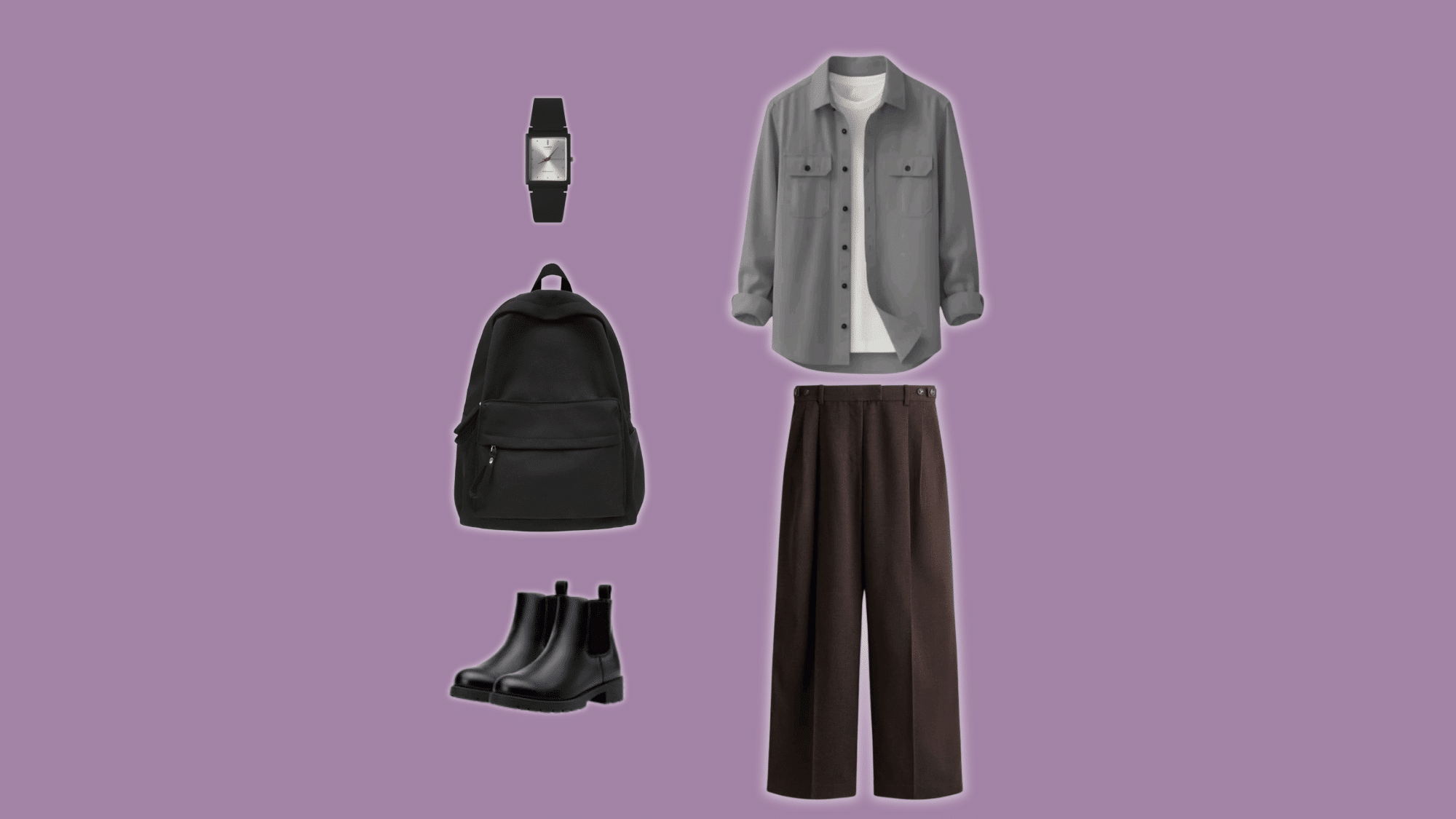 grey overshirt open over plain t-shirt with clean fit brown pants and casual boots on urban street background