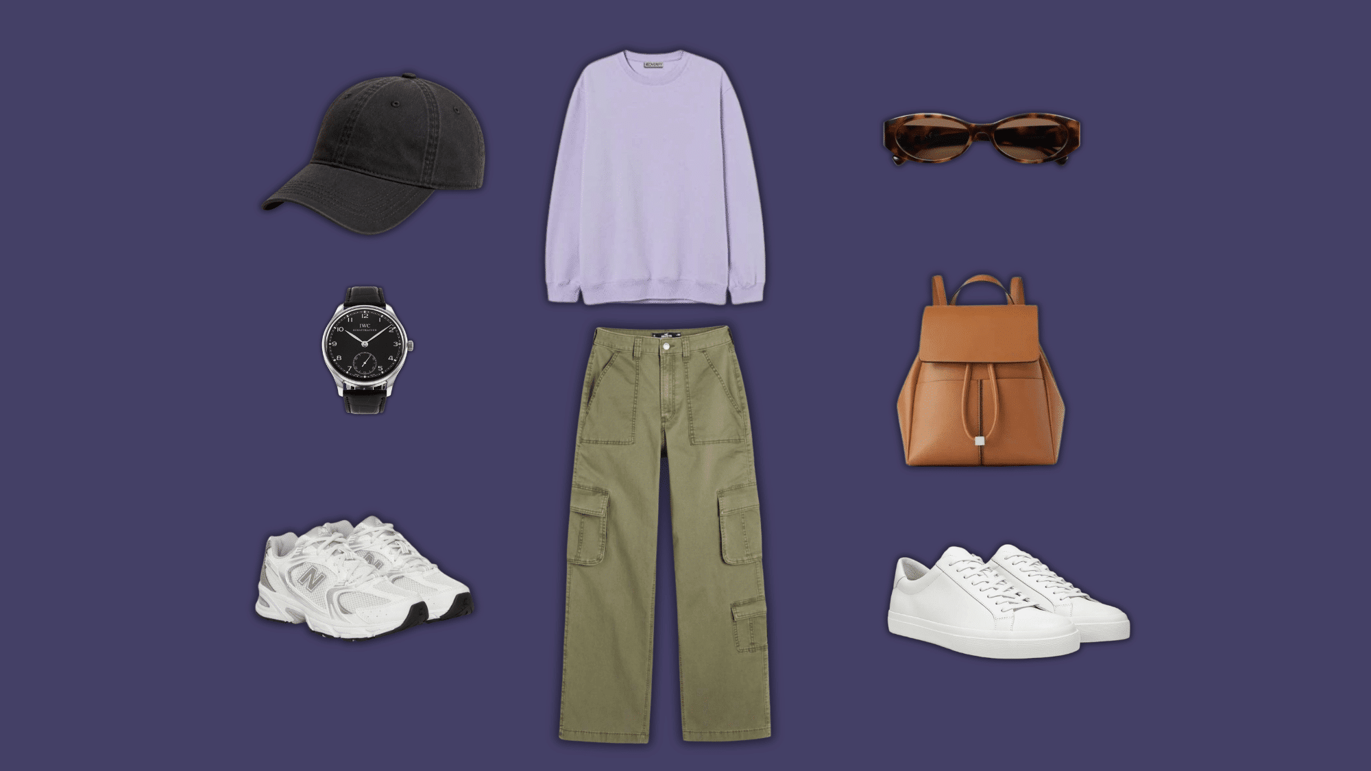 lavender sweater olive cargo pants with playful neutral accessories
