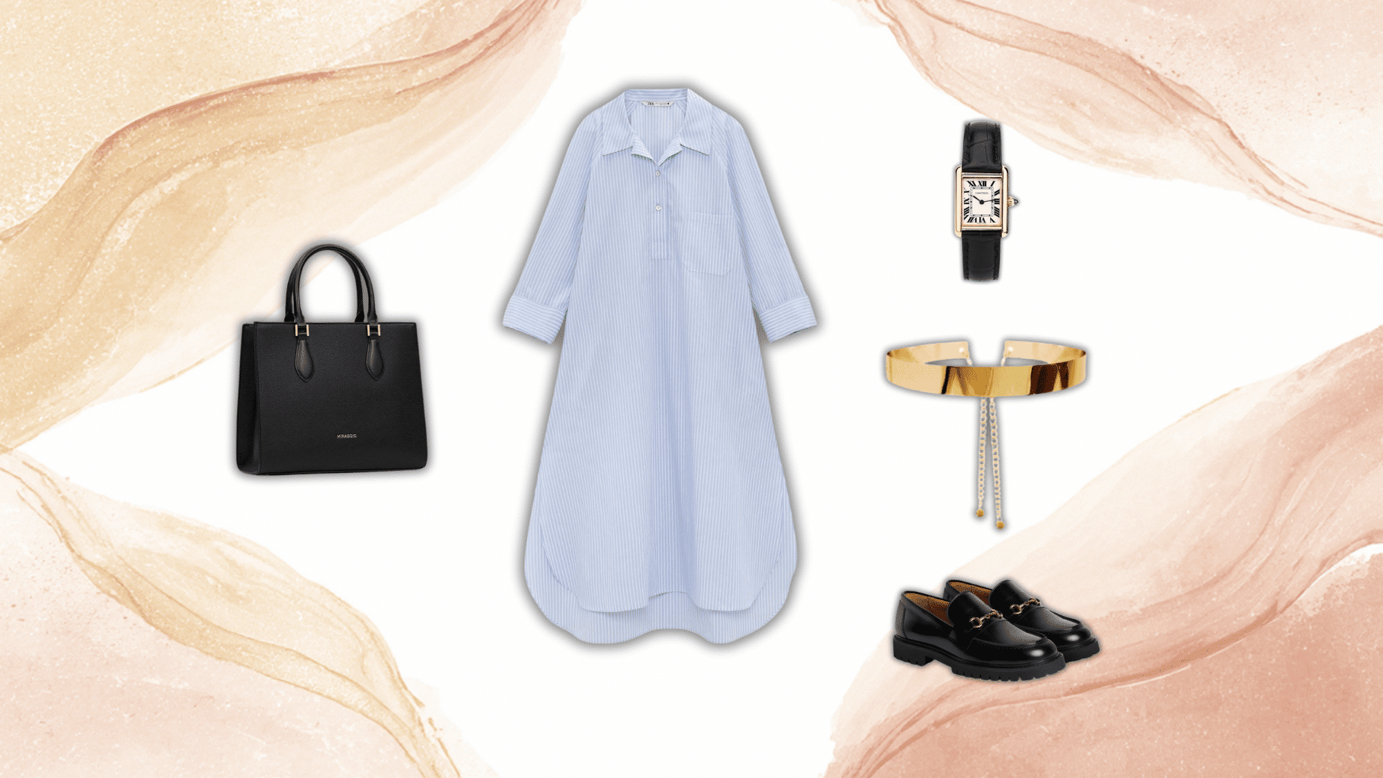 light blue shirt dress with bold gold chain belt styled in modern minimal chic fashion editorial look