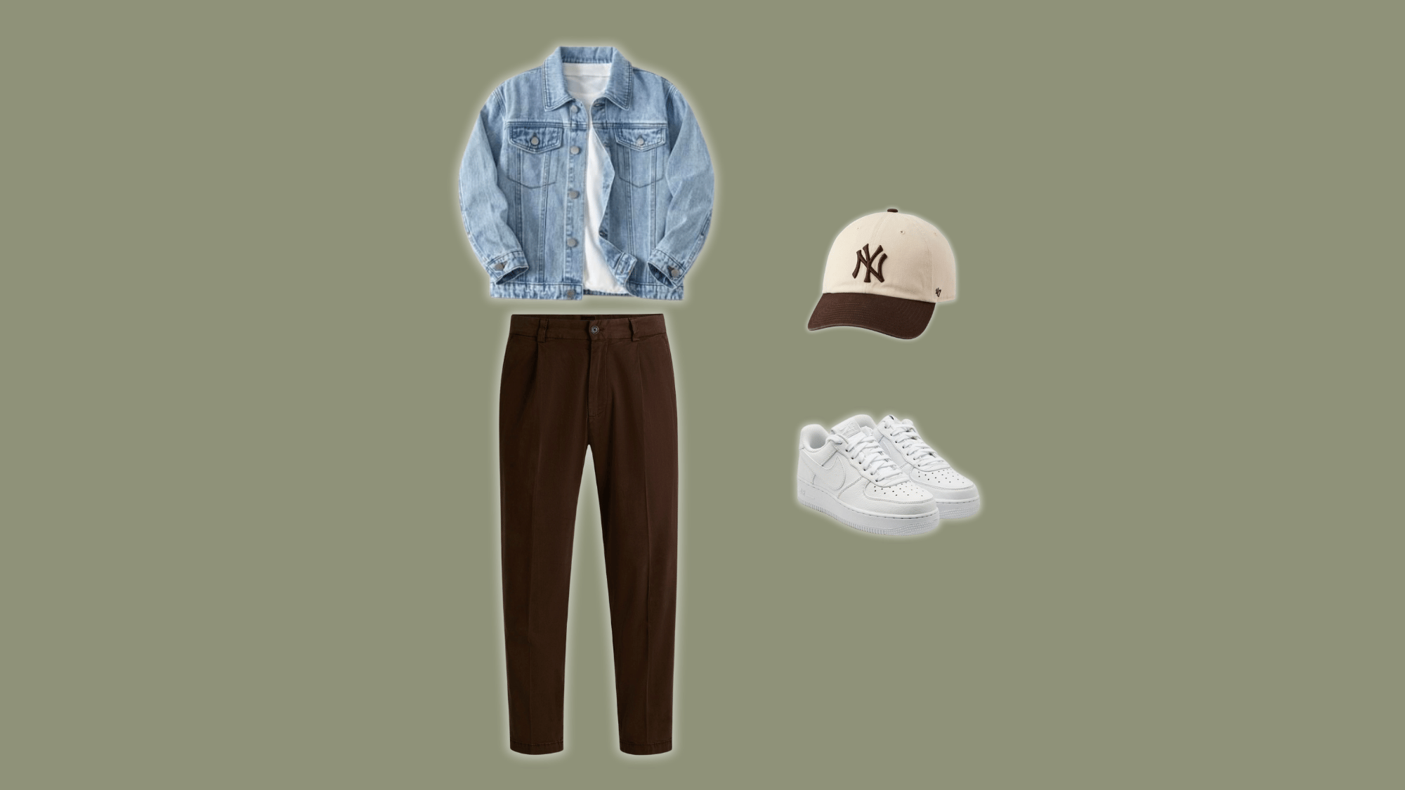 medium wash denim jacket over white t-shirt with slim brown pants and white sneakers on soft outdoor wall