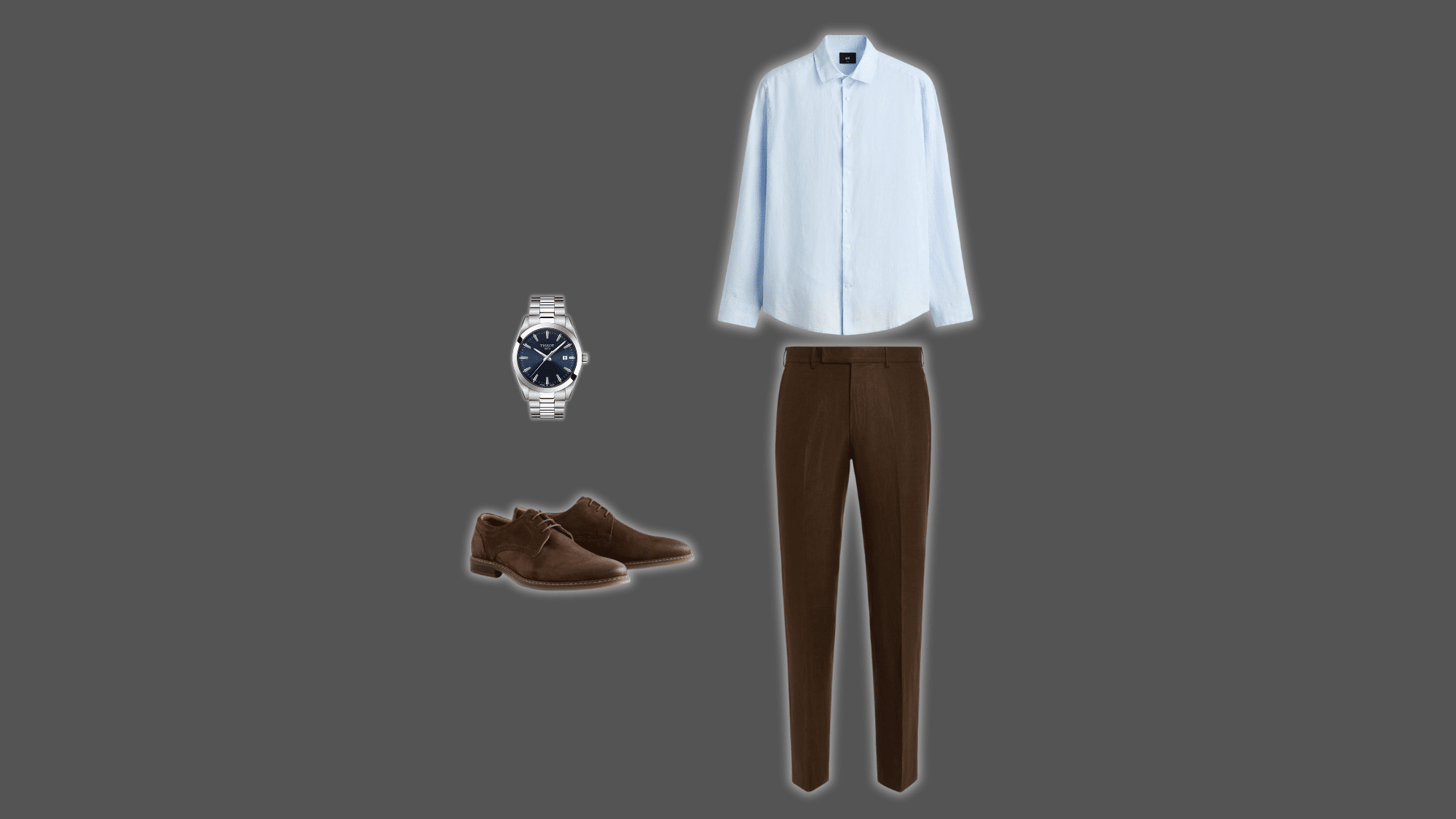 lightweight linen button-down shirt with tailored brown pants and loafers