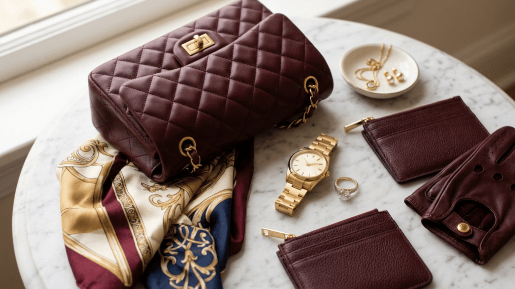 luxury fashion items including a designer handbag, gold watch, diamond ring, and silk scarf representing the most expensive brands
