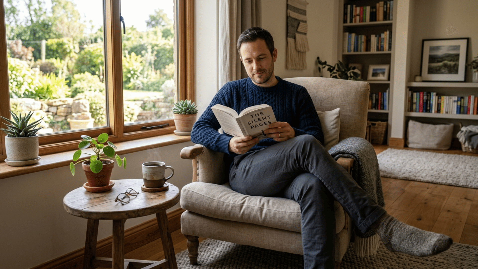man relaxing with a book in a cozy living room near the big window
