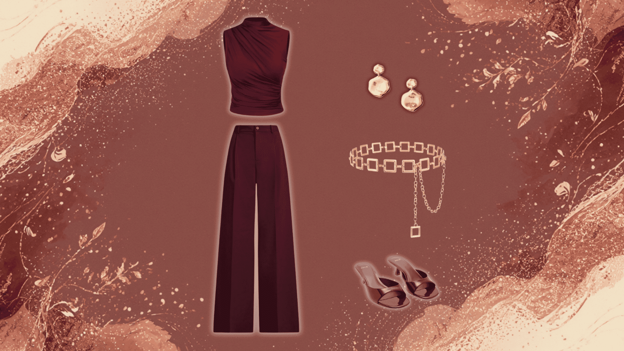 maroon outfit with wide trousers and gold chain belt styled in elegant monochrome fashion aesthetic look