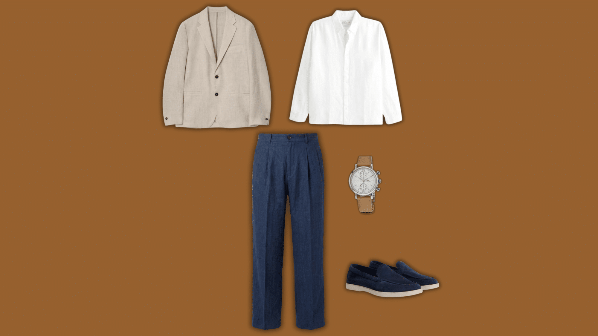 blue linen pants with blazer shirt and sneakers