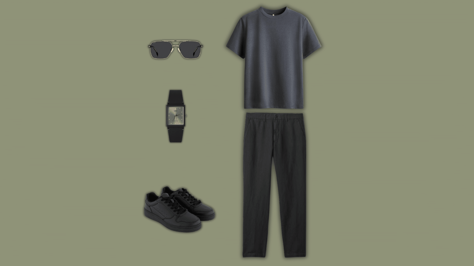 charcoal linen pants with oversized tee and black sneakers