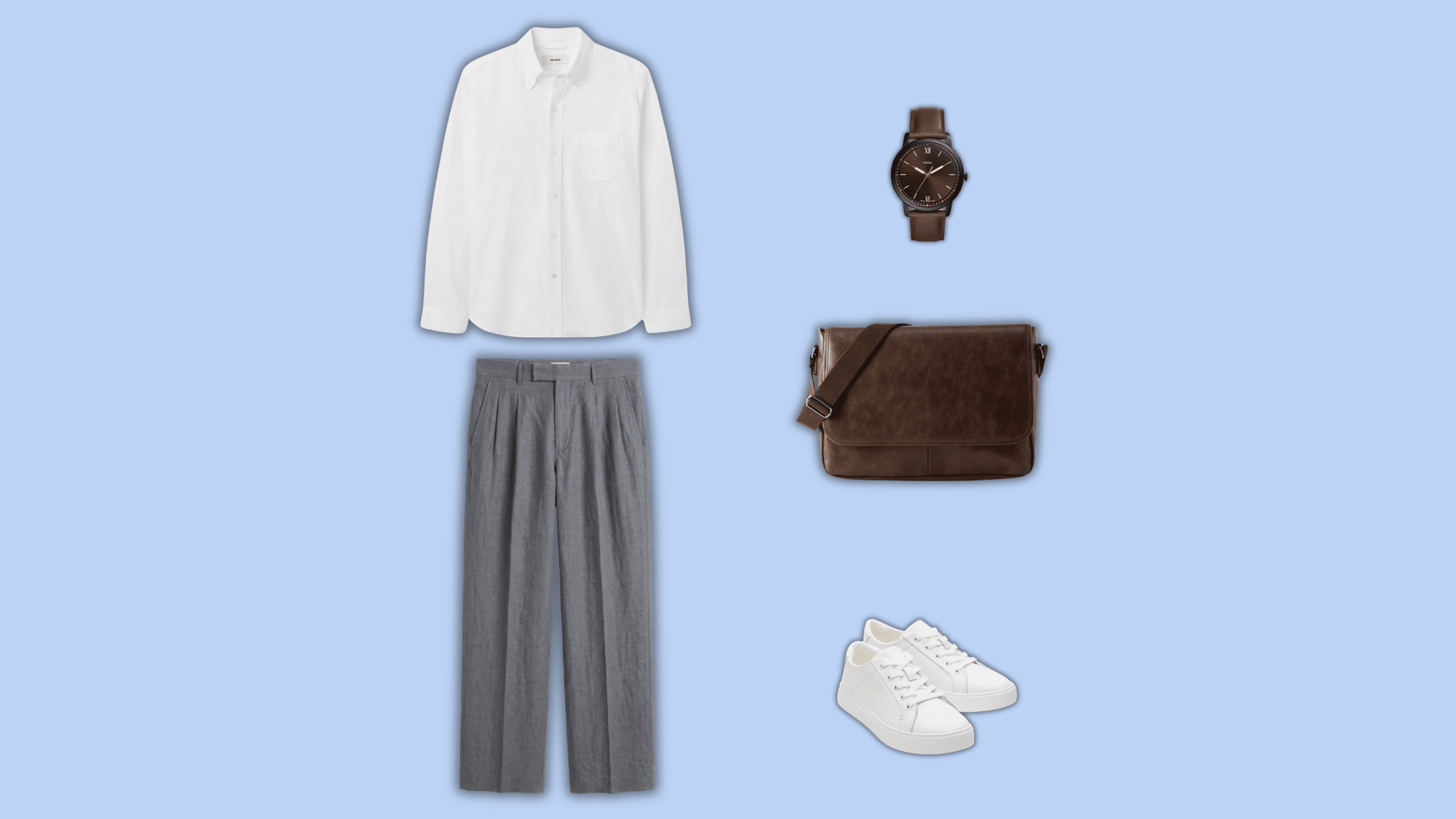 gray linen pants with white shirt and sneakers