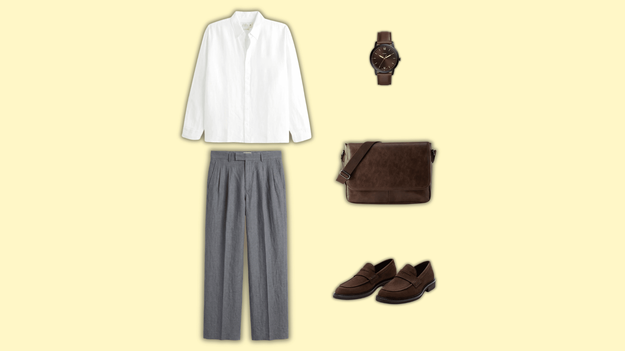 gray linen pants with white shirt and brown loafers