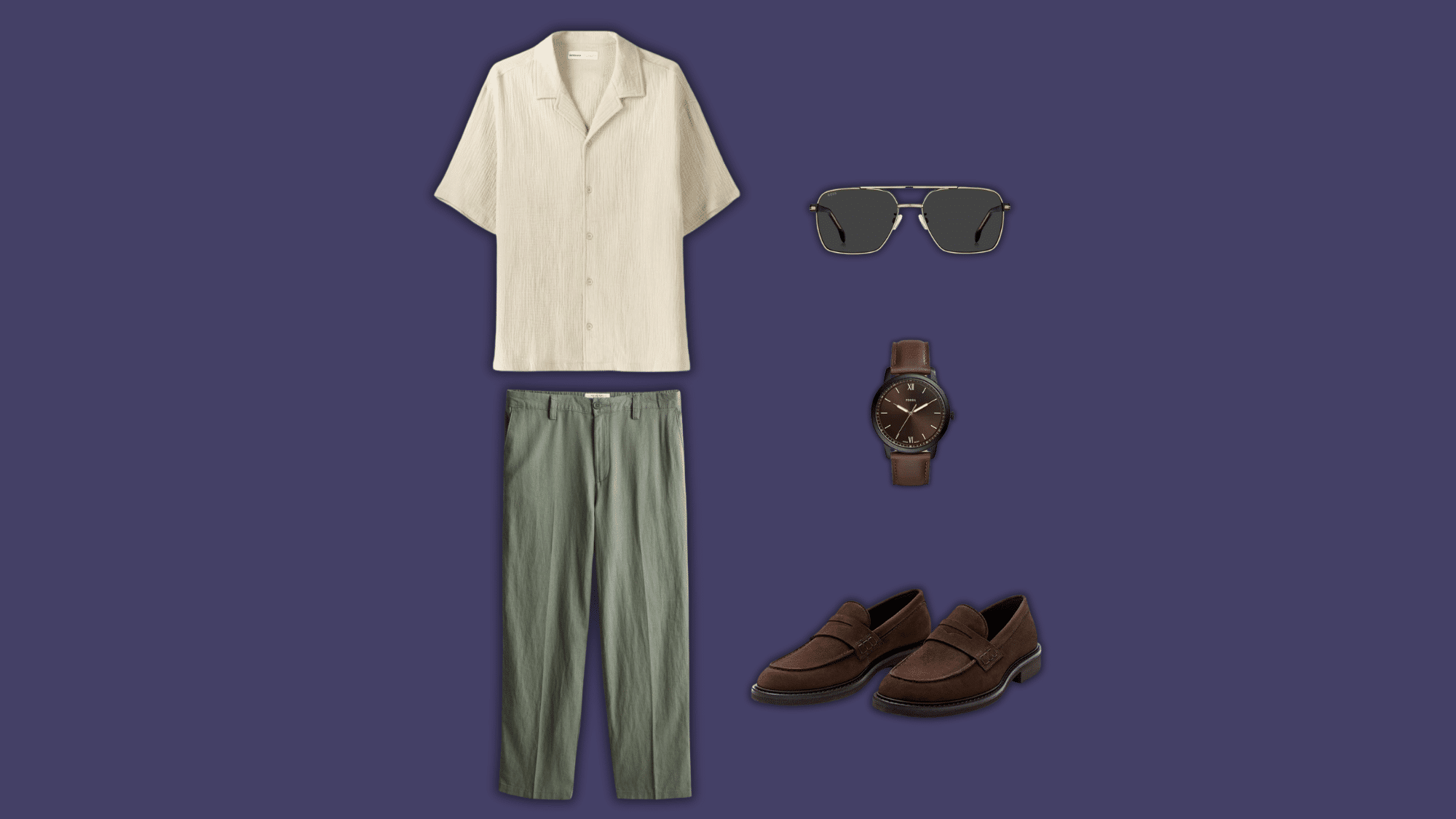 olive linen pants with cream shirt and brown loafers