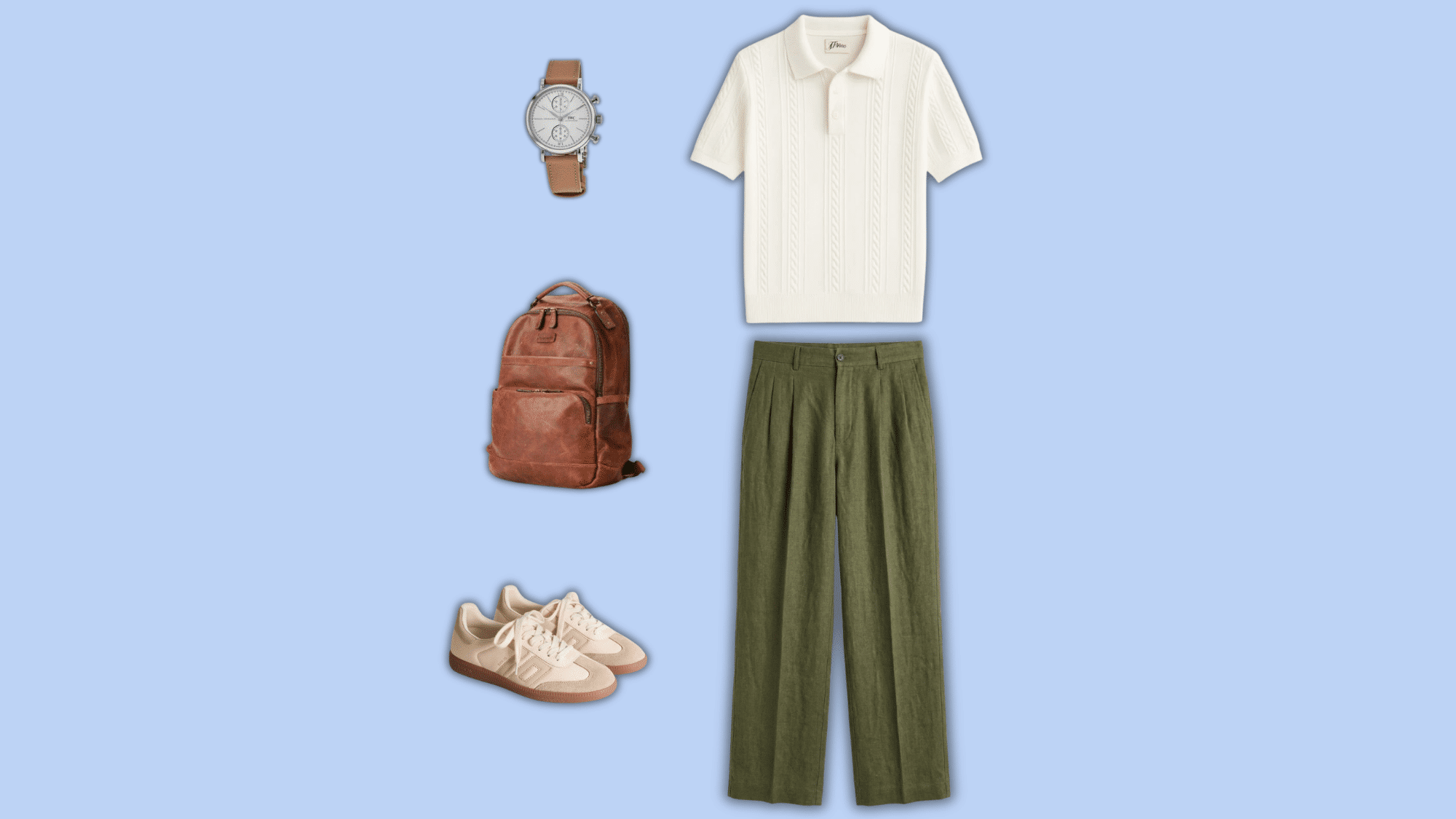 olive linen pants with cream polo and sneakers