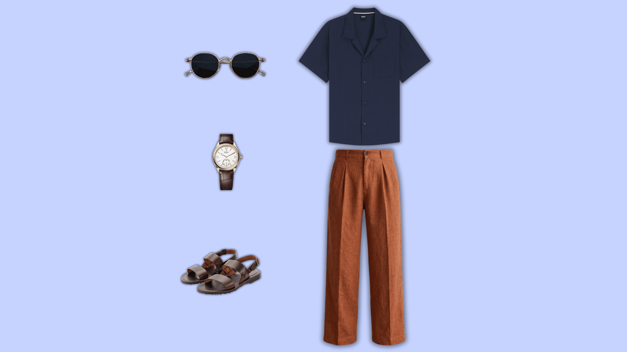 rust linen pants with navy shirt and sandals