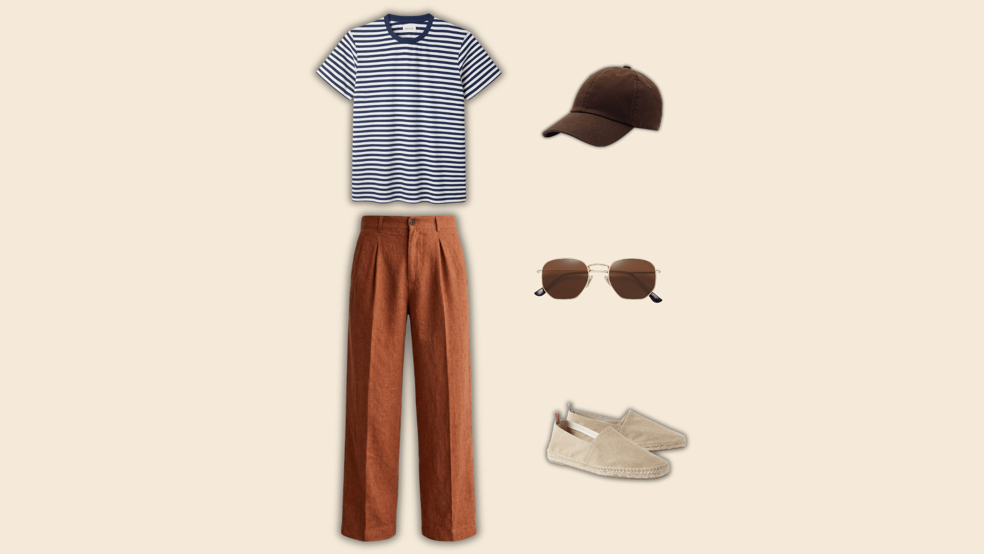 rust linen pants with striped tee and casual accessories