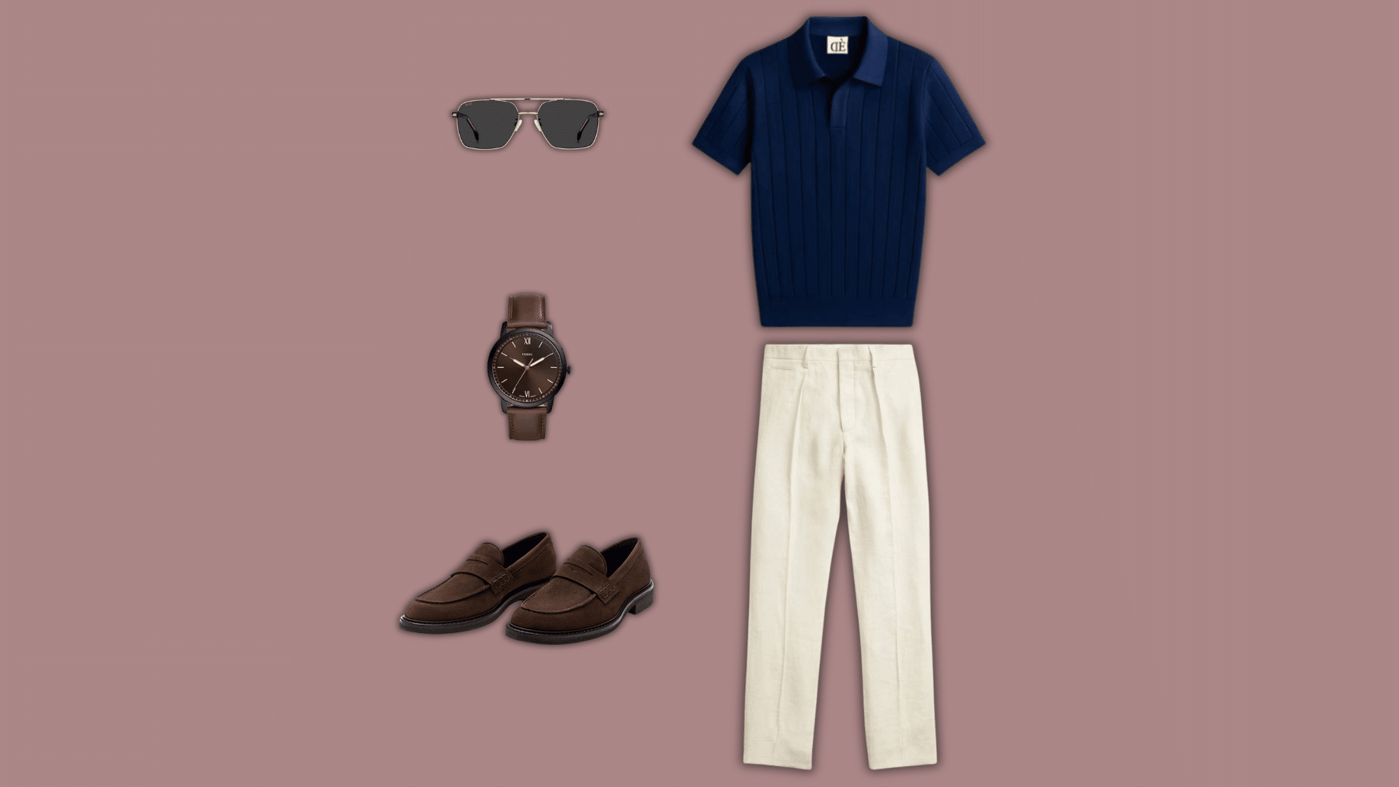 white linen pants with navy polo and loafers