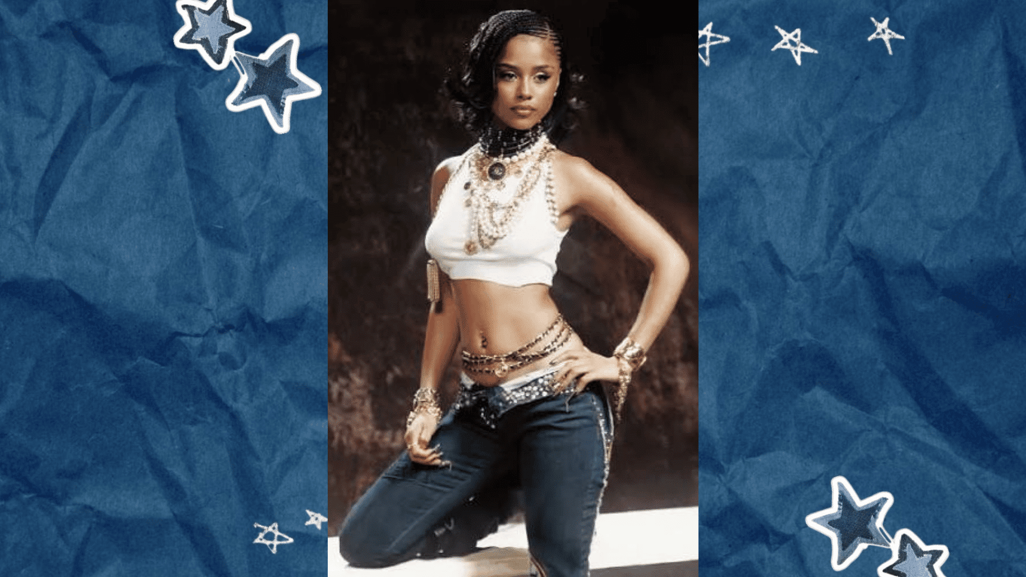 women wearing gold chain belt styled with denim streetwear outfit and layered jewelry aesthetic look