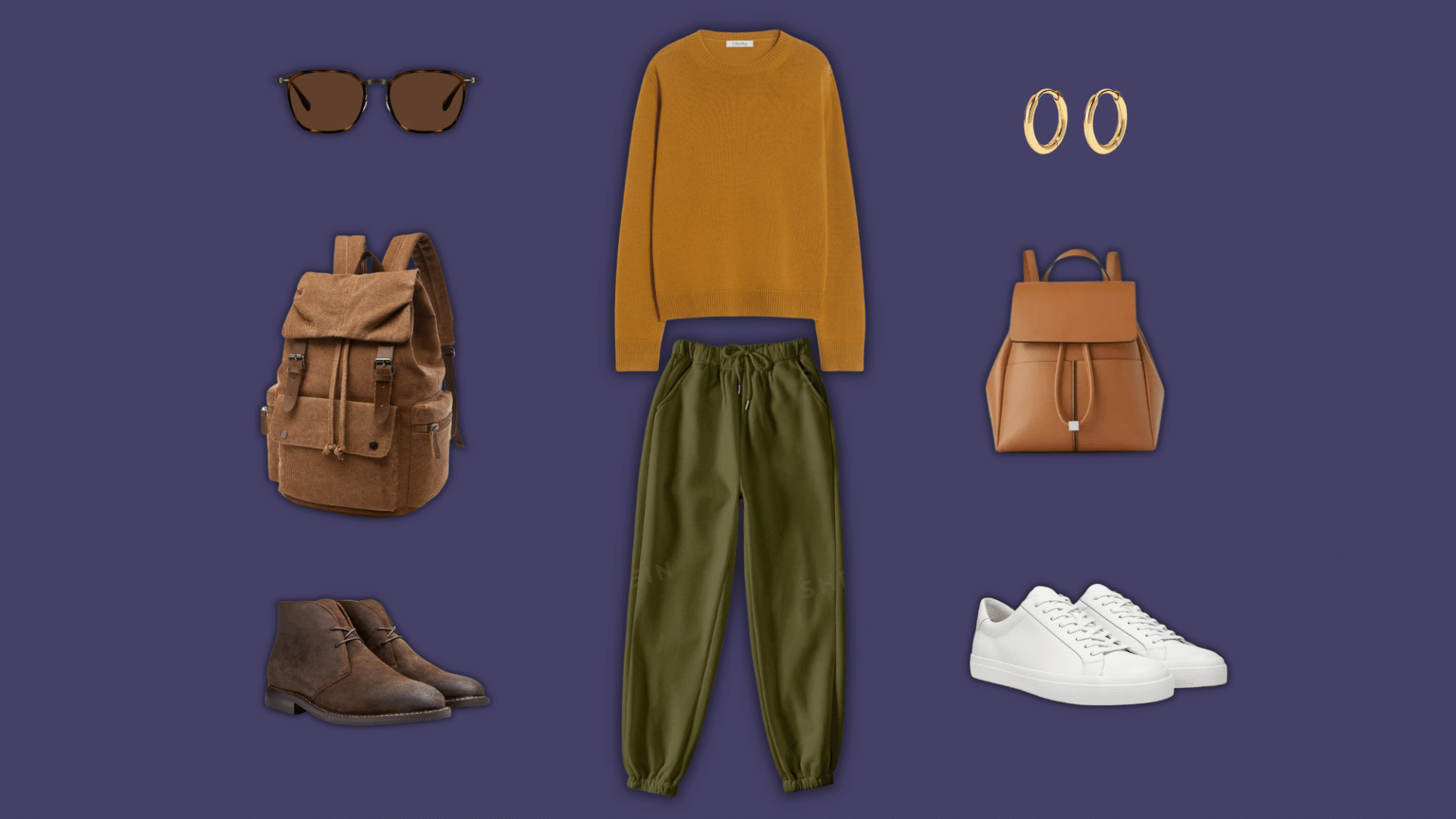 mustard sweater olive joggers with white sneakers and backpacks