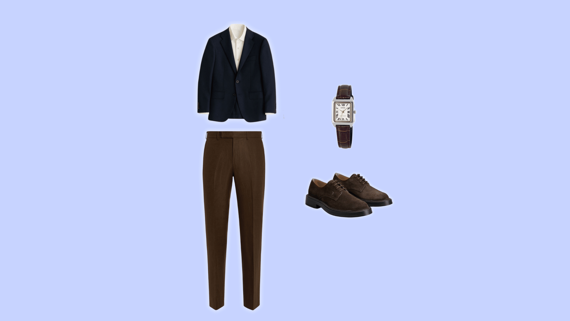 navy blazer over light shirt with tailored brown pants and derby shoes