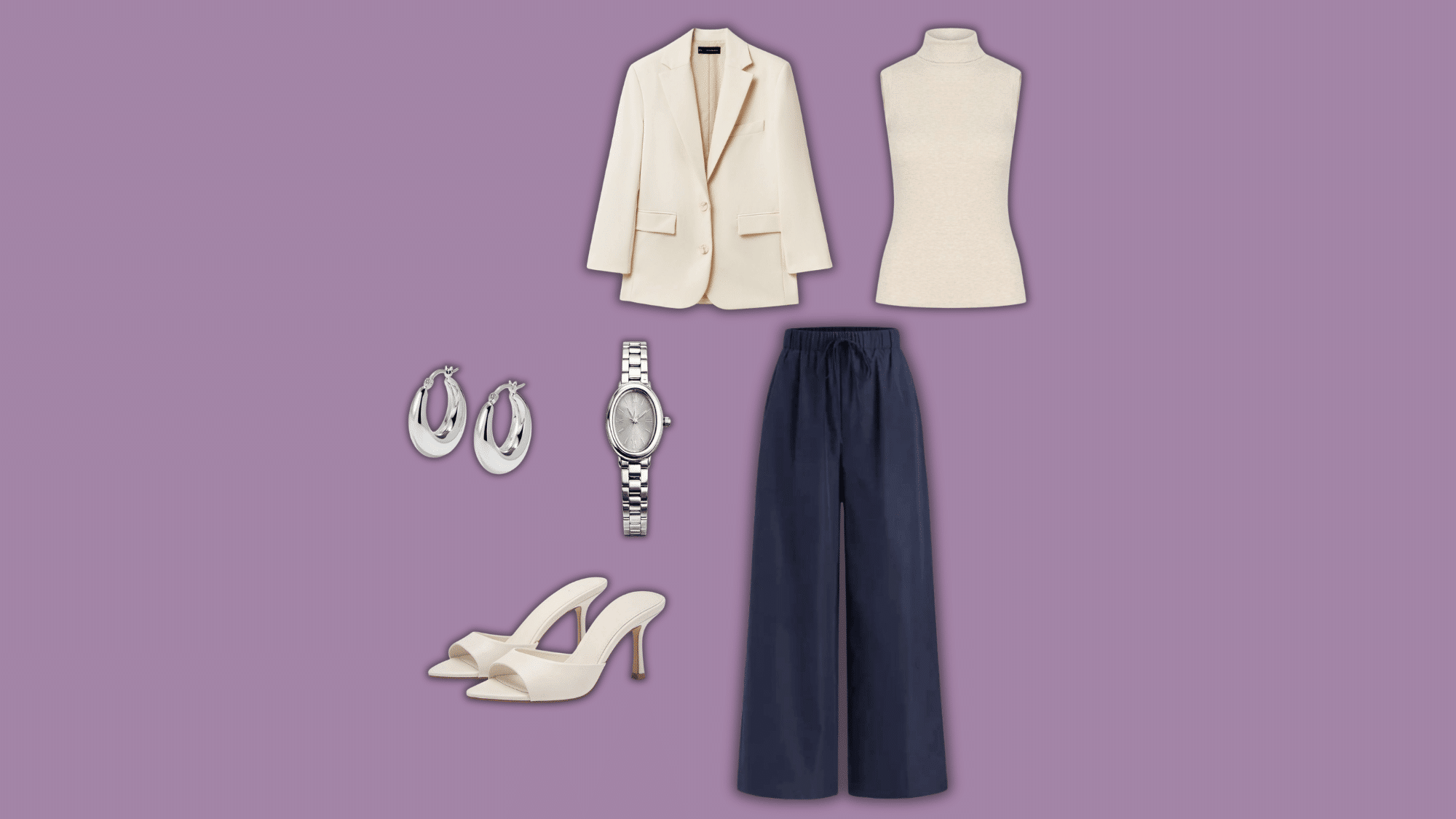 navy linen pants with cream blazer and white heels