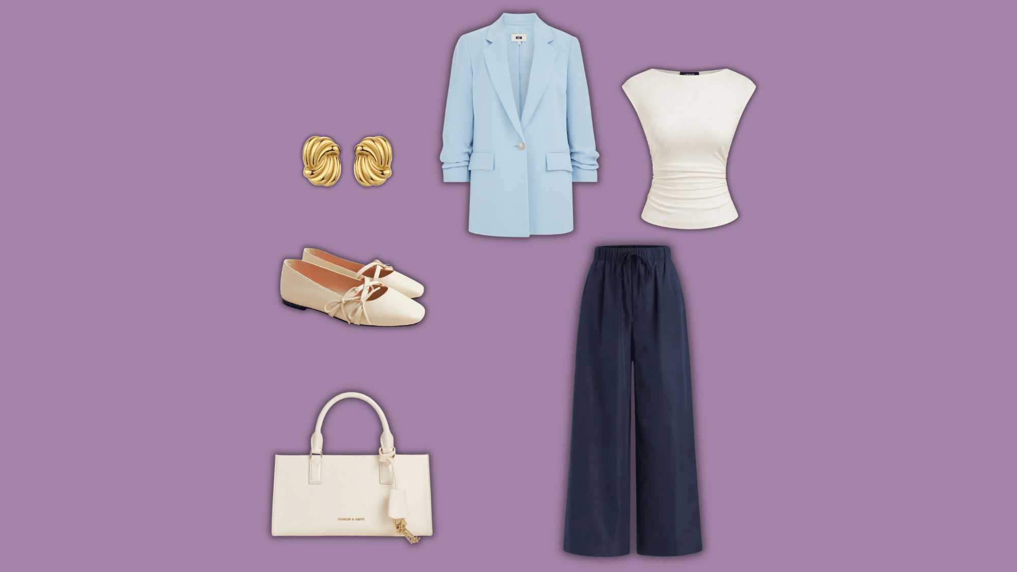 navy linen pants with blue coat and cream accessories