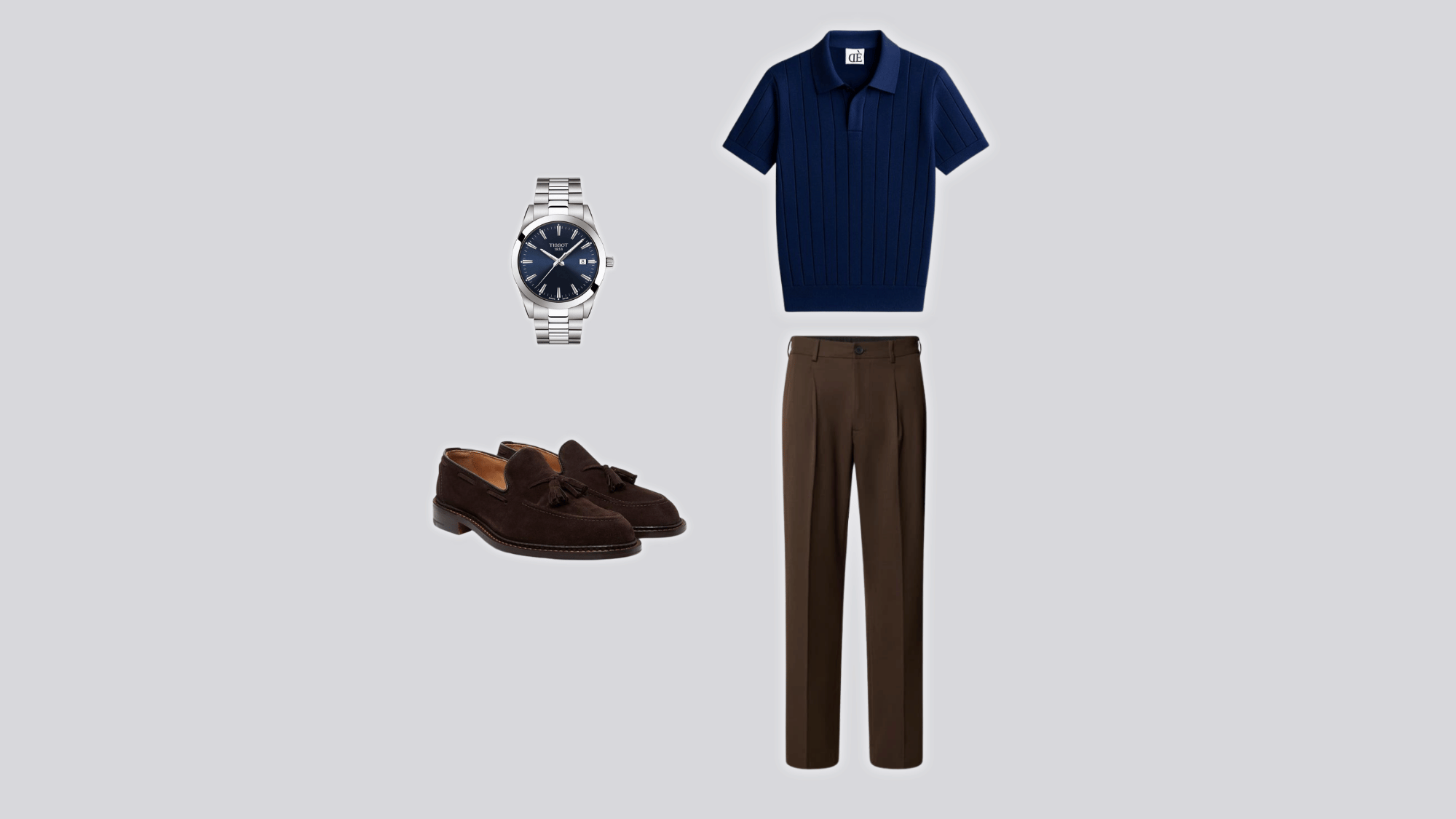 navy polo shirt tucked into slim brown pants with loafers