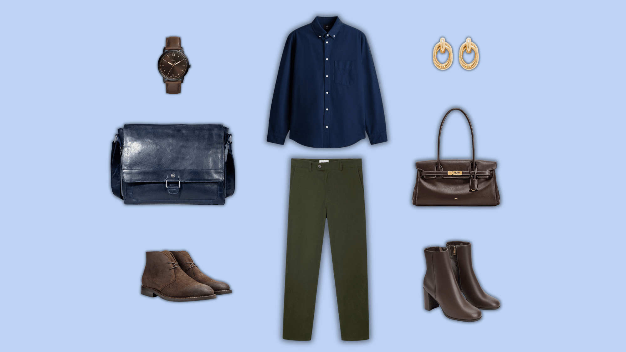 navy shirt olive trousers with brown smart casual accessories