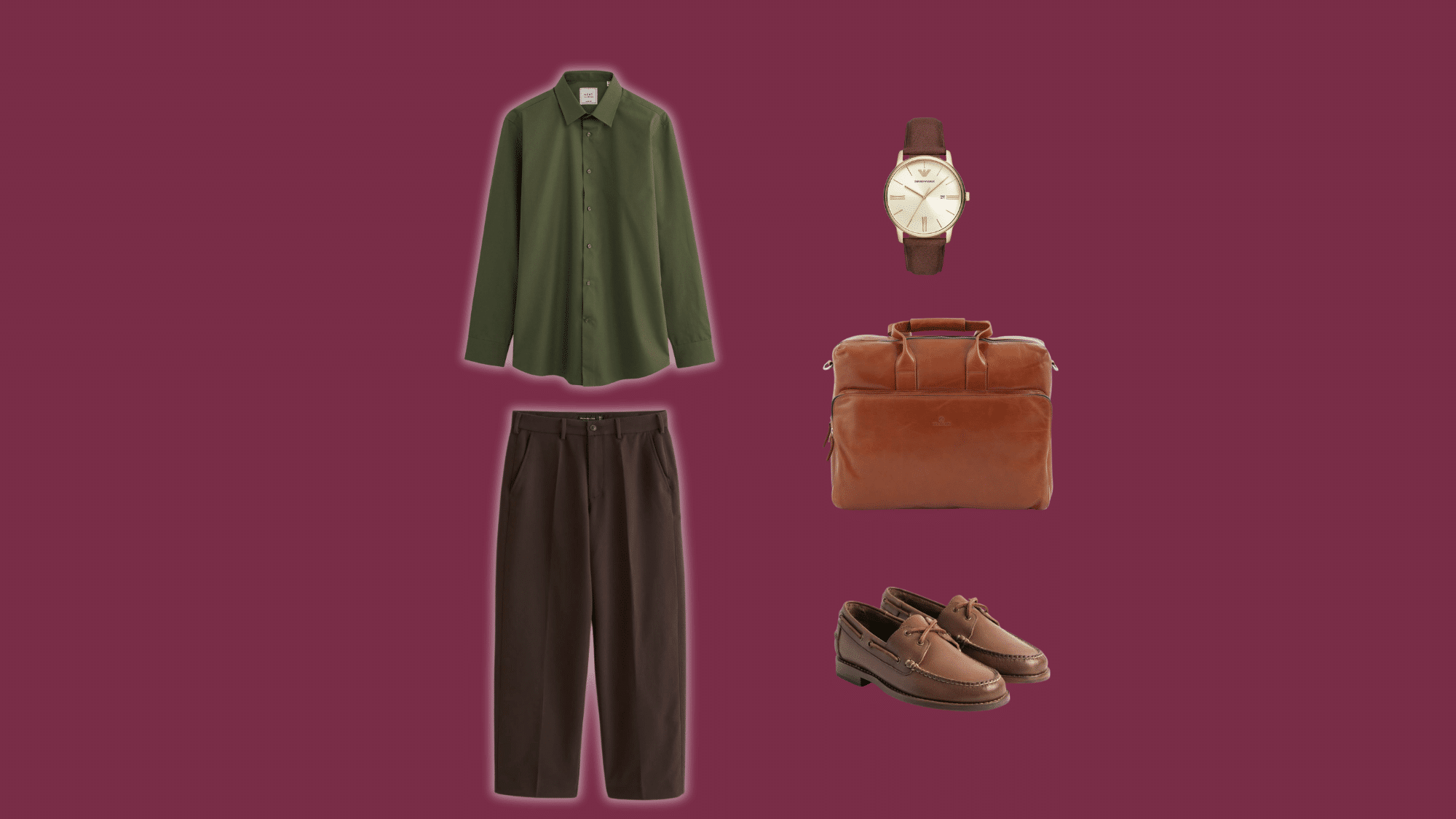 olive button-down shirt tucked into tailored brown pants with tan loafers
