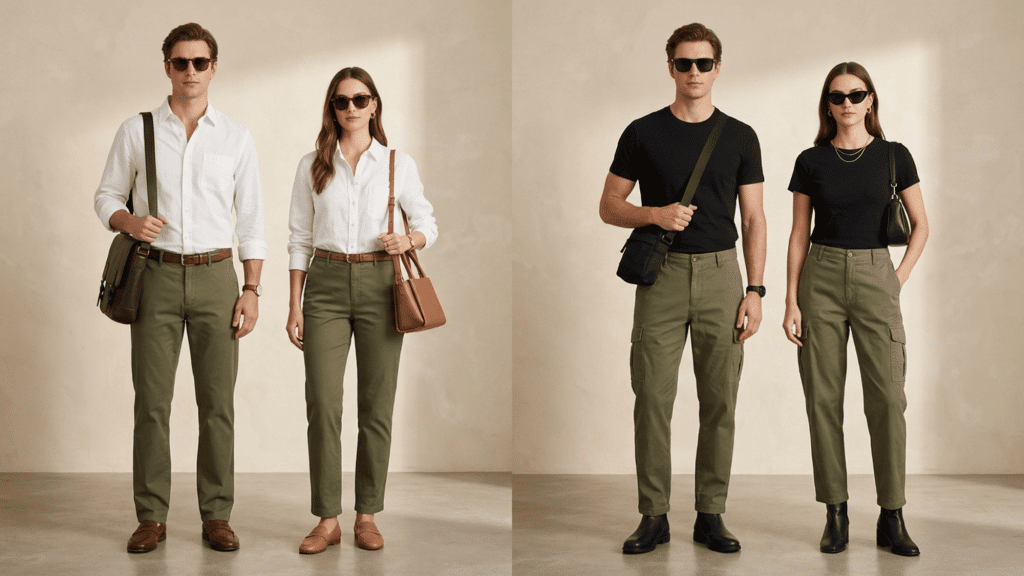 men and women styling olive green pants with coordinated outfits