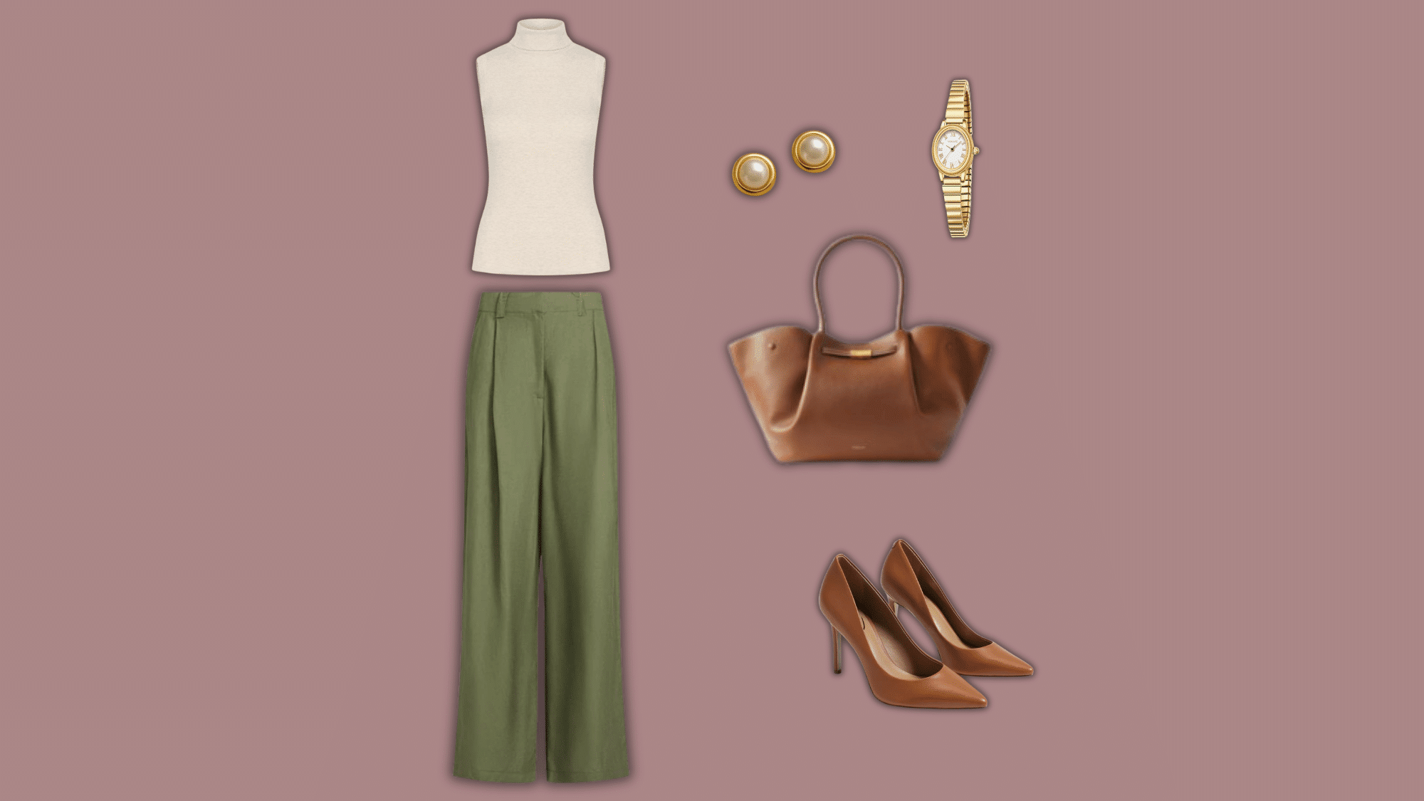 olive linen pants with sleeveless knit and tan accessories