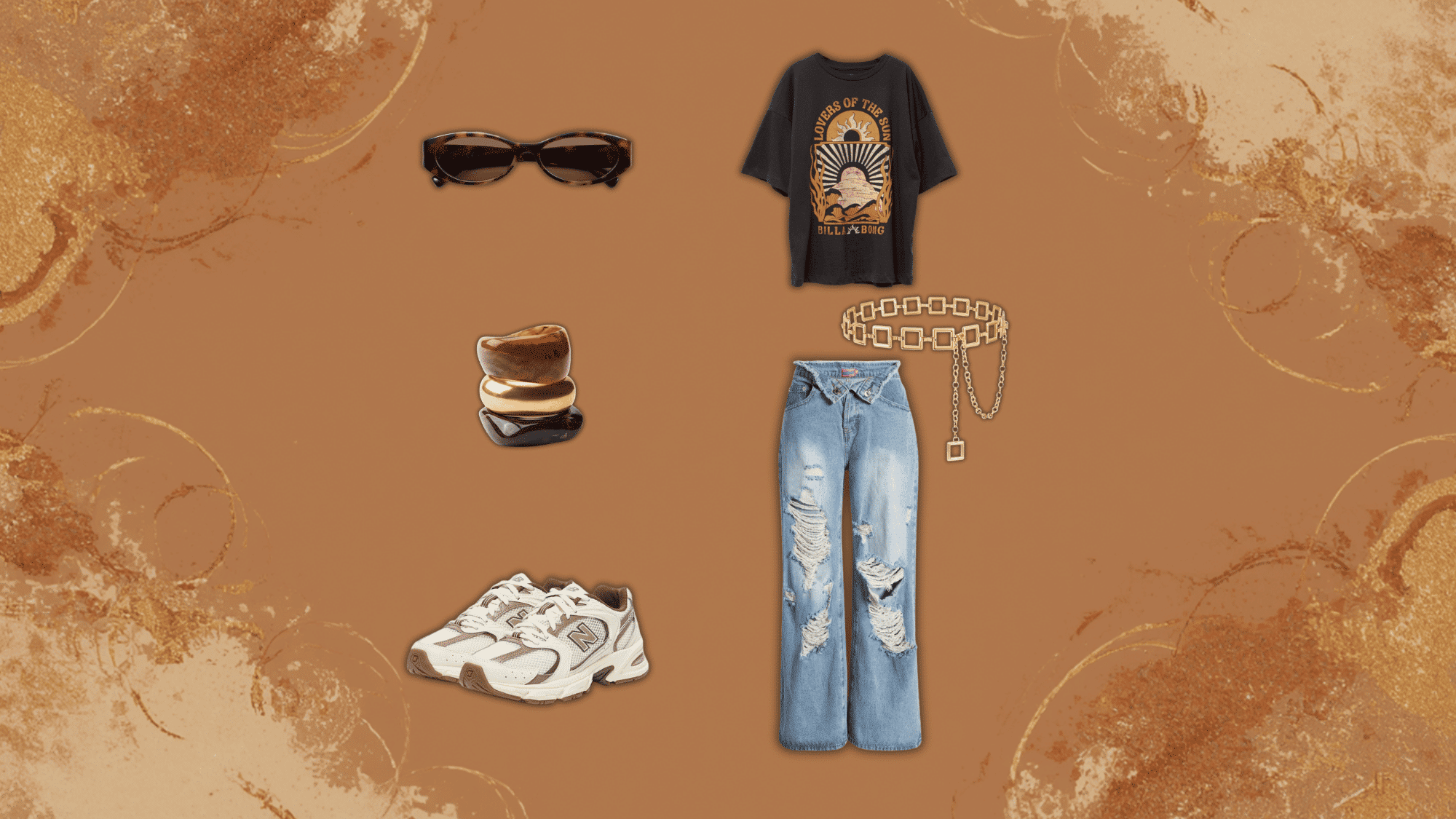 orange streetwear outfit with ripped jeans and chunky gold chain belt styled in bold casual fashion vibe