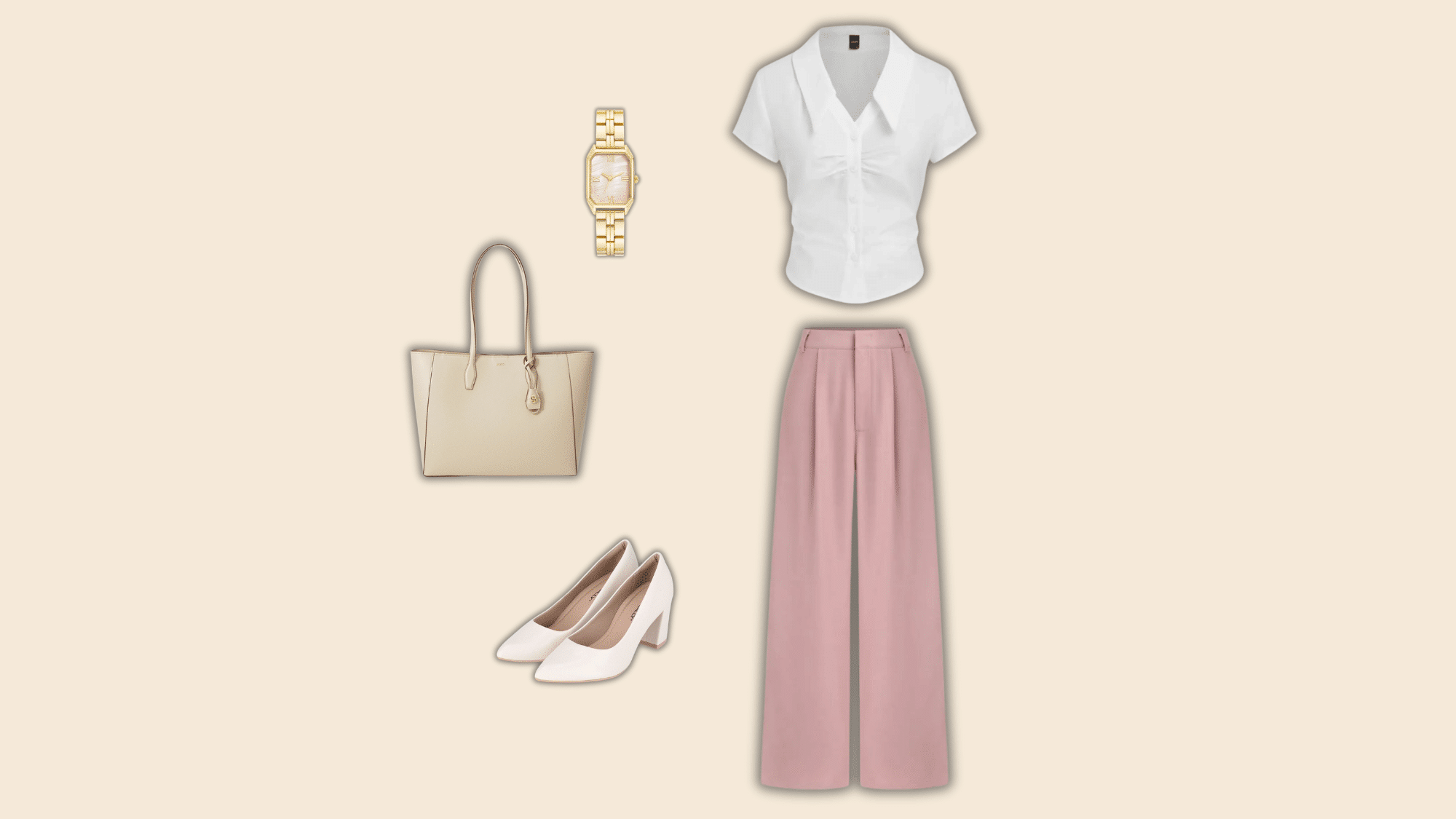 pink linen pants with white shirt and neutral accessories