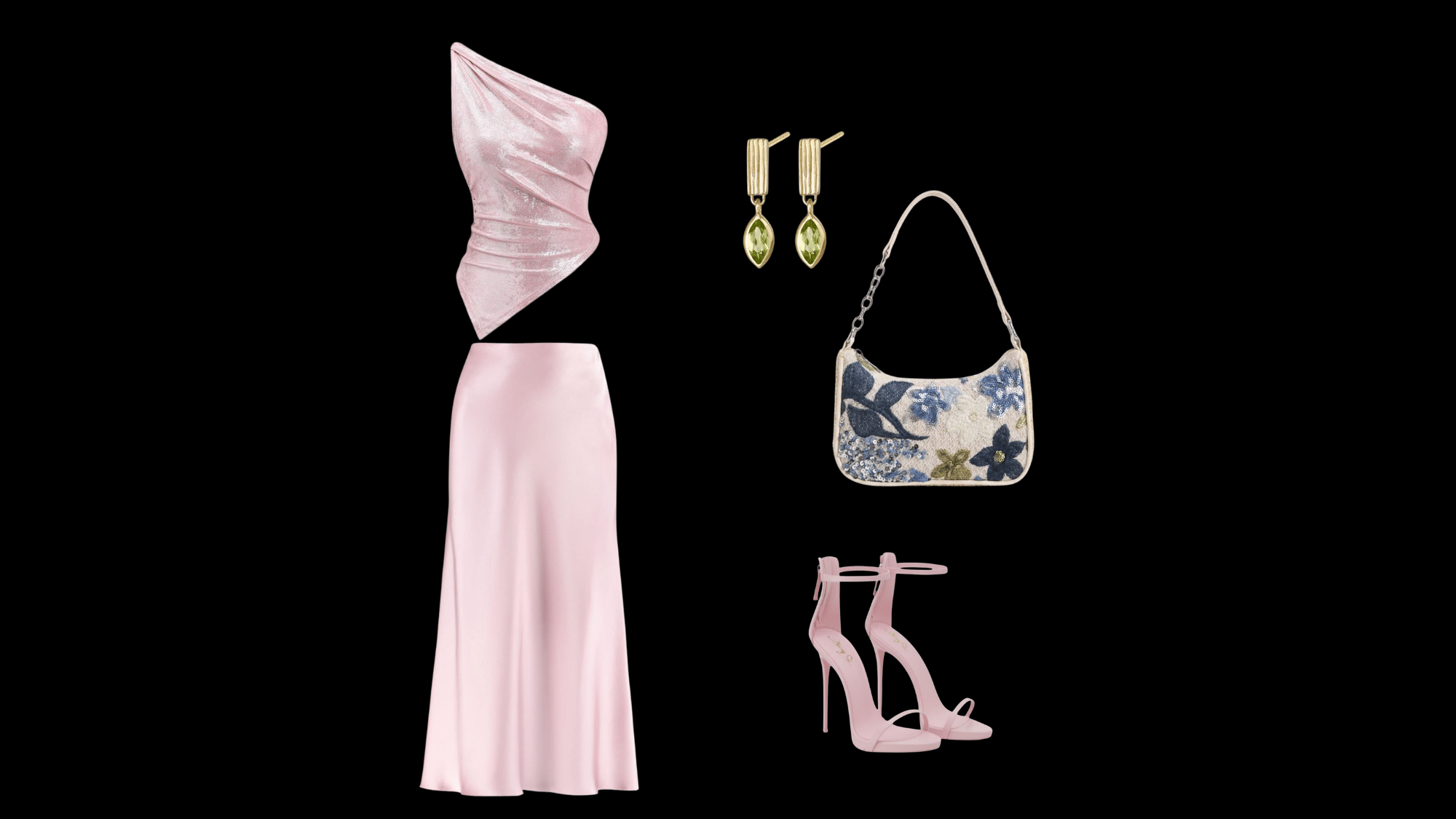 pink matching skirt and top with pink heels