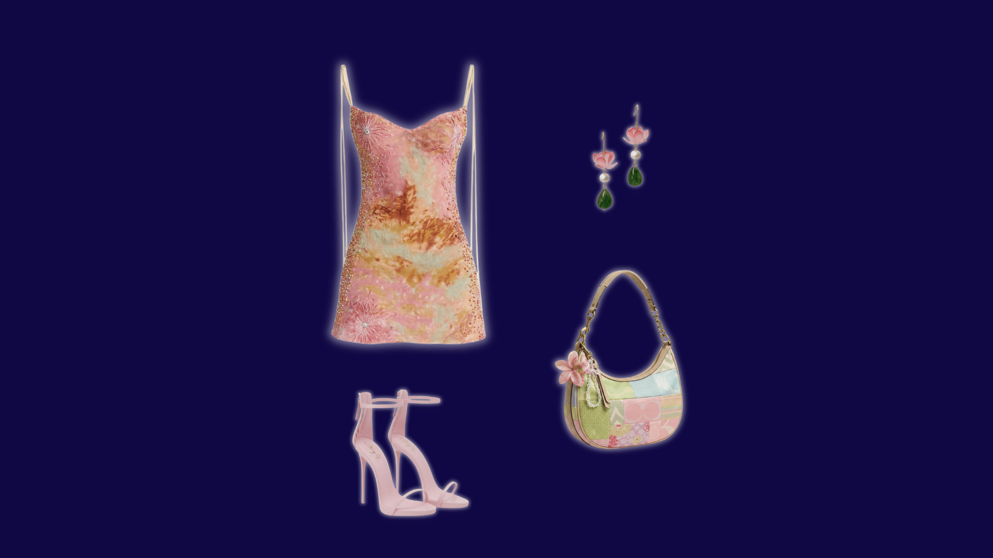 pink sequin mini dress with heels and shoulder bag