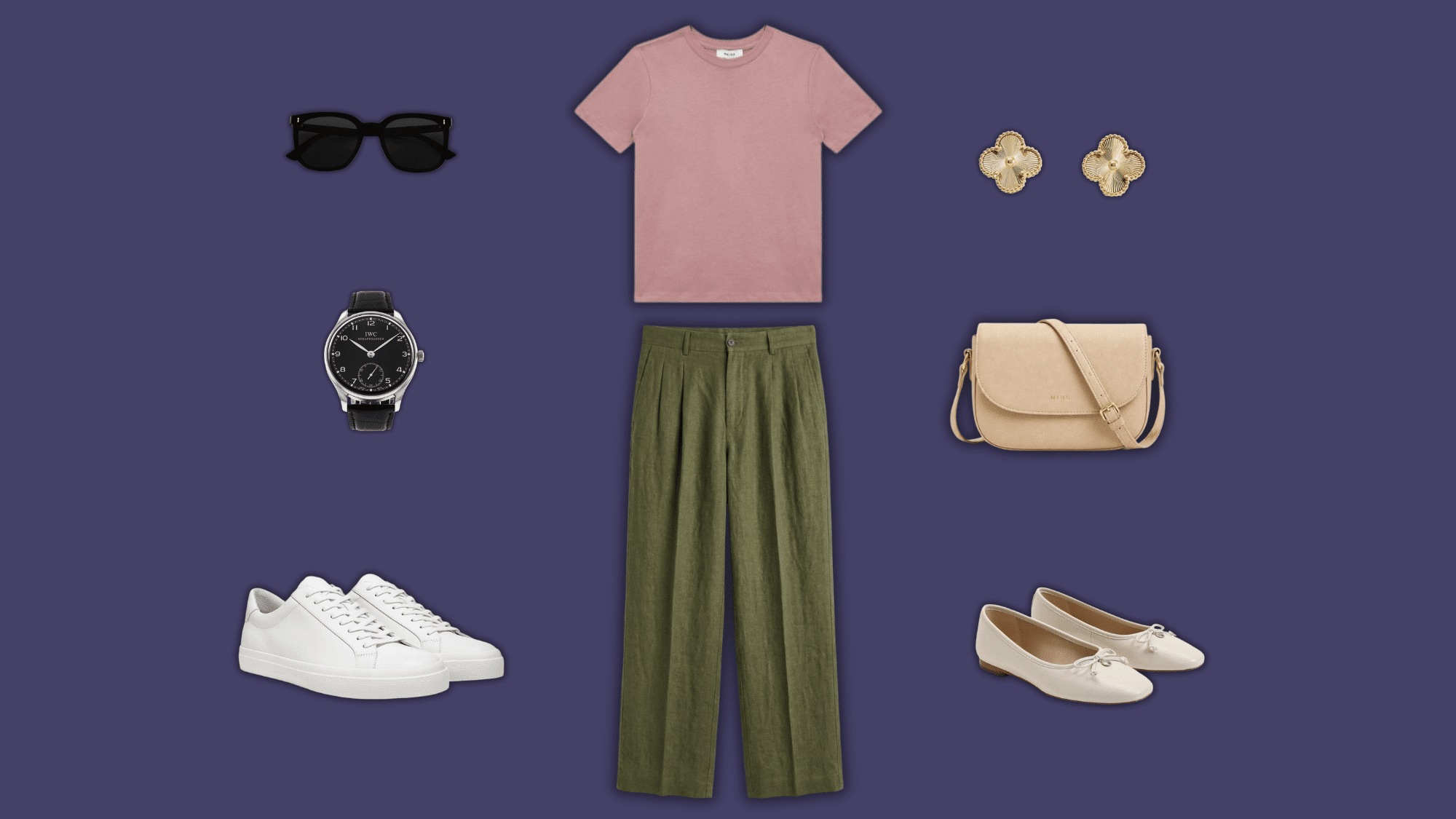 blush pink shirt olive trousers with soft neutral accessories