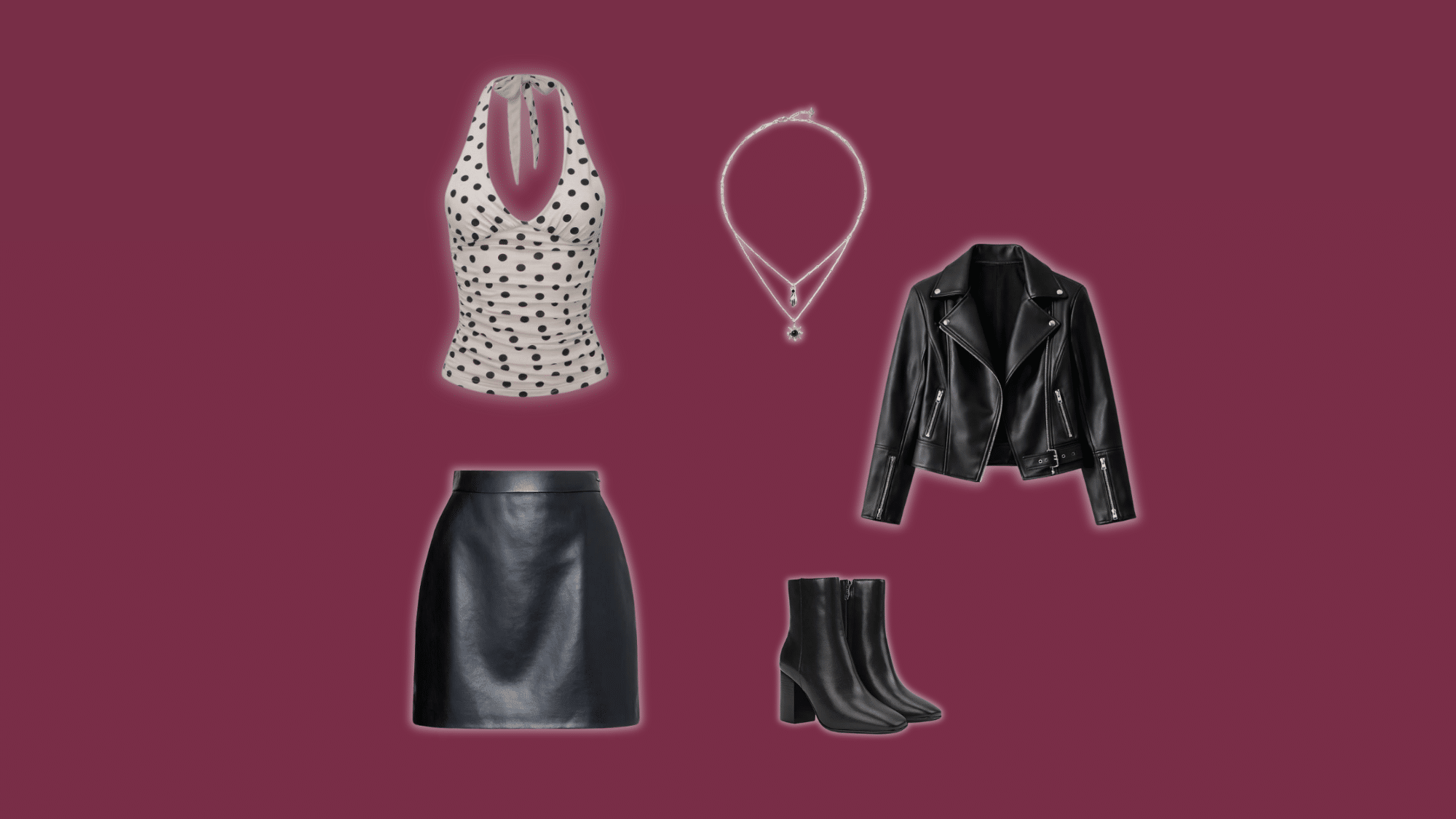 polka dot party top with leather skirt and jacket