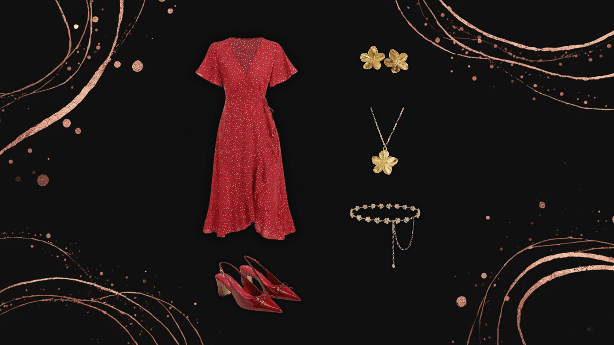 red dress with gold chain belt styled in bold glamorous evening fashion aesthetic editorial vibe look