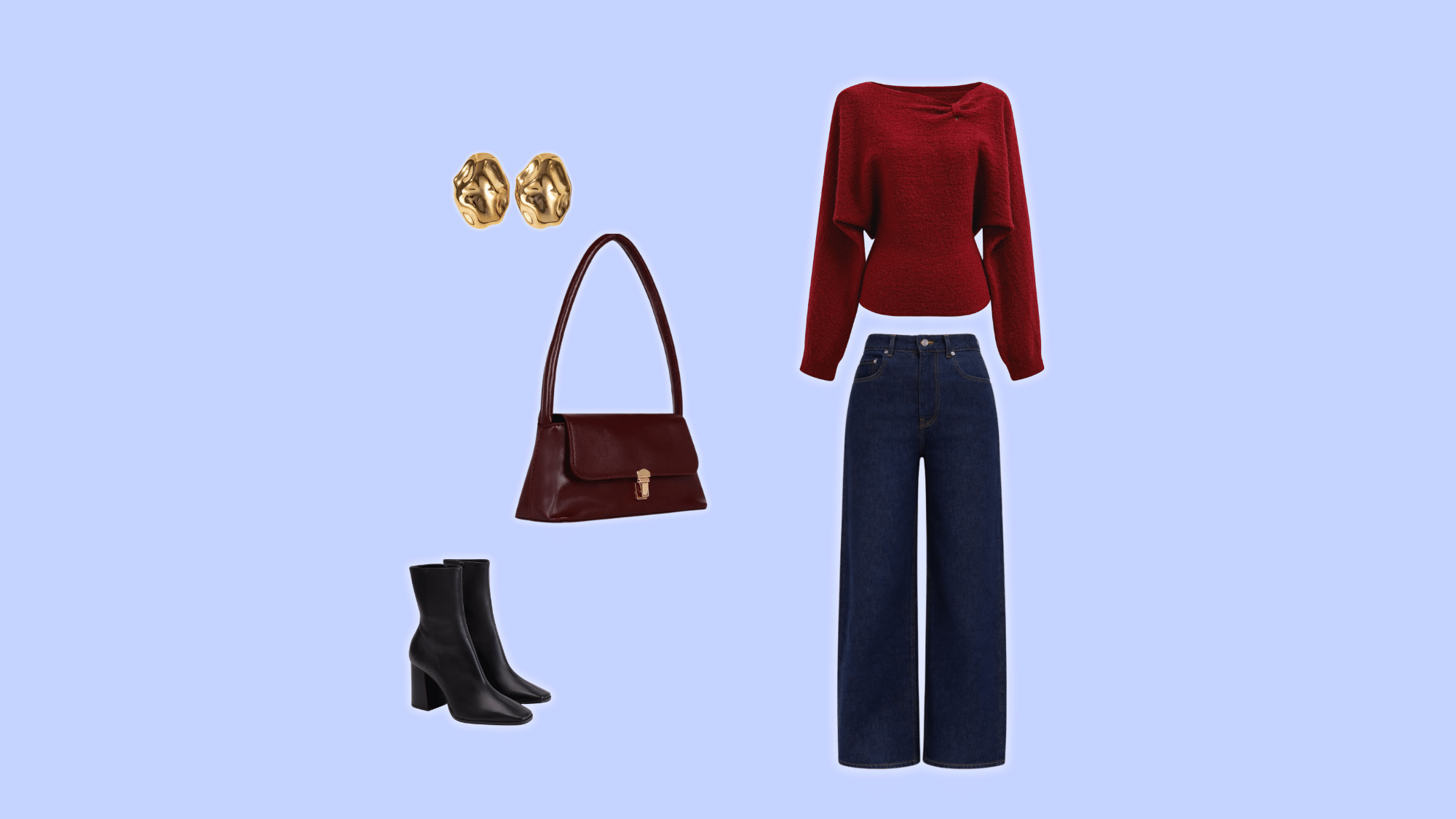 red knit top with dark wide leg jeans and boots