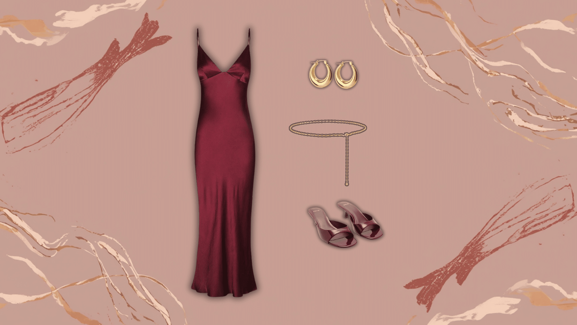 red satin dress with delicate gold chain belt styled in romantic evening glam fashion aesthetic vibe