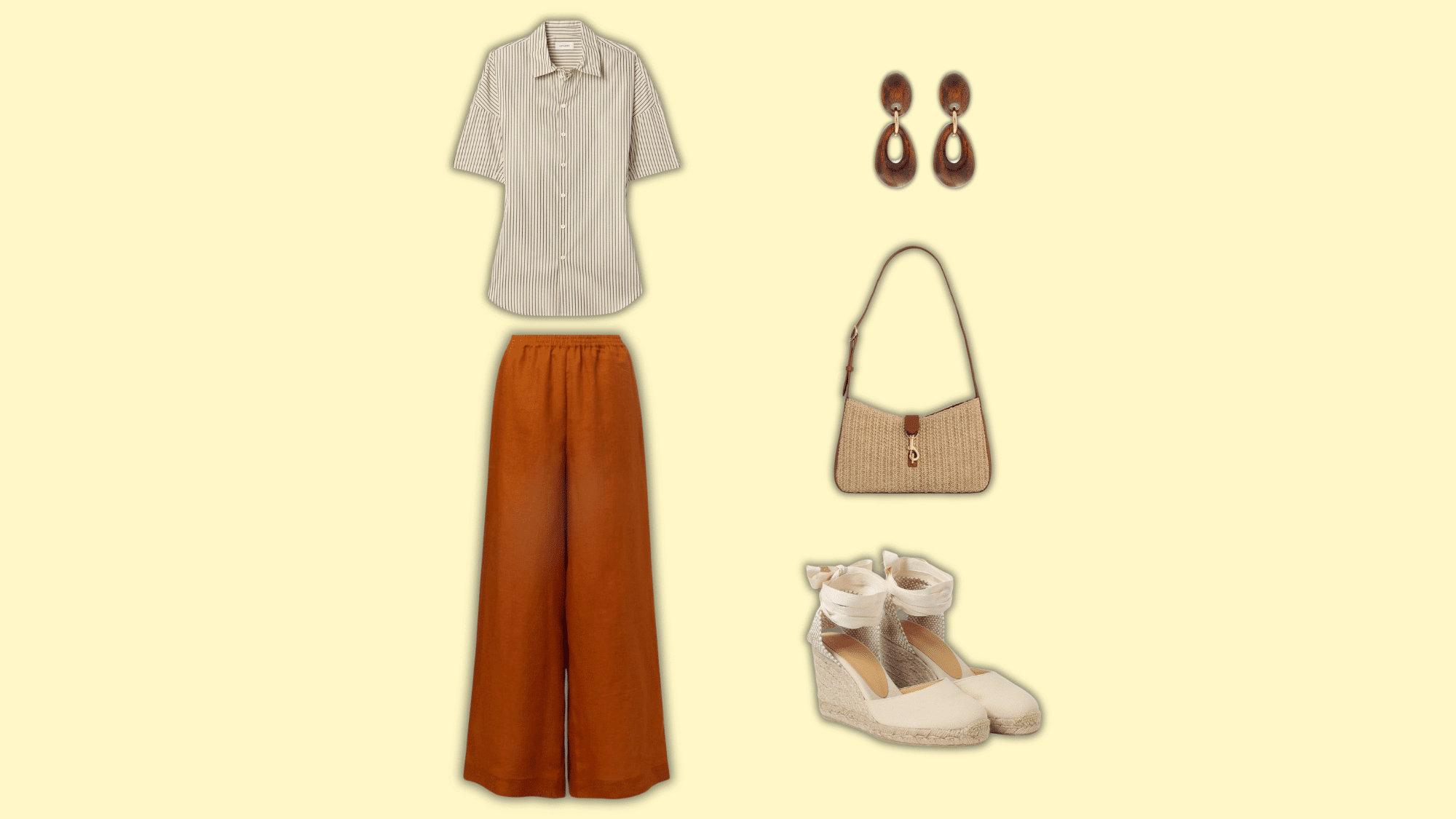 rust linen pants with striped shirt and espadrilles