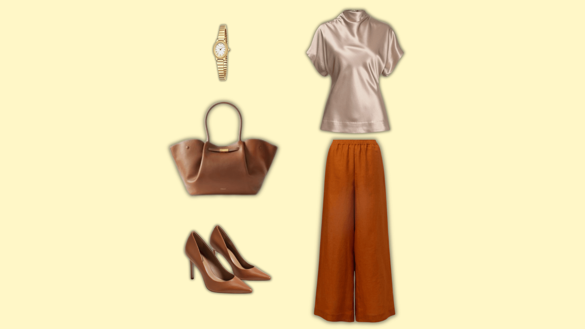 rust linen pants with satin blouse and brown heels